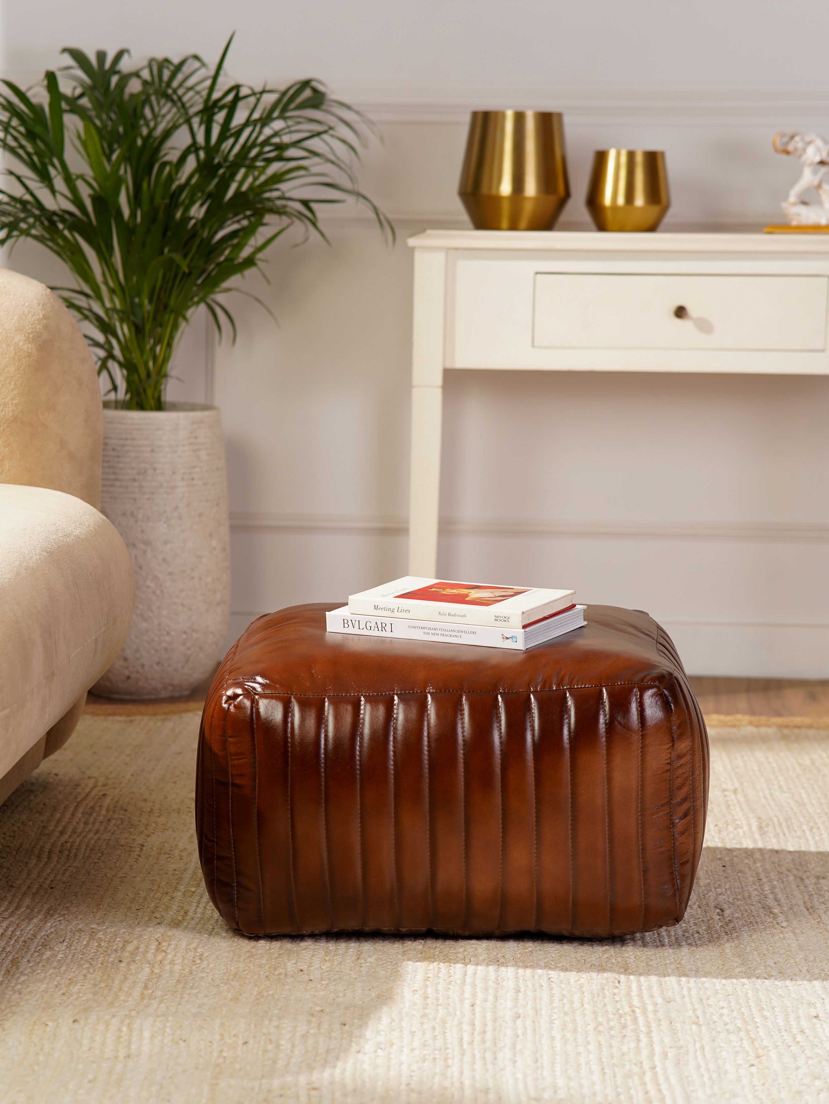 Strata Leather Pouf| Brown Ottoman | Handmade | Contemporary | Filled | Square
