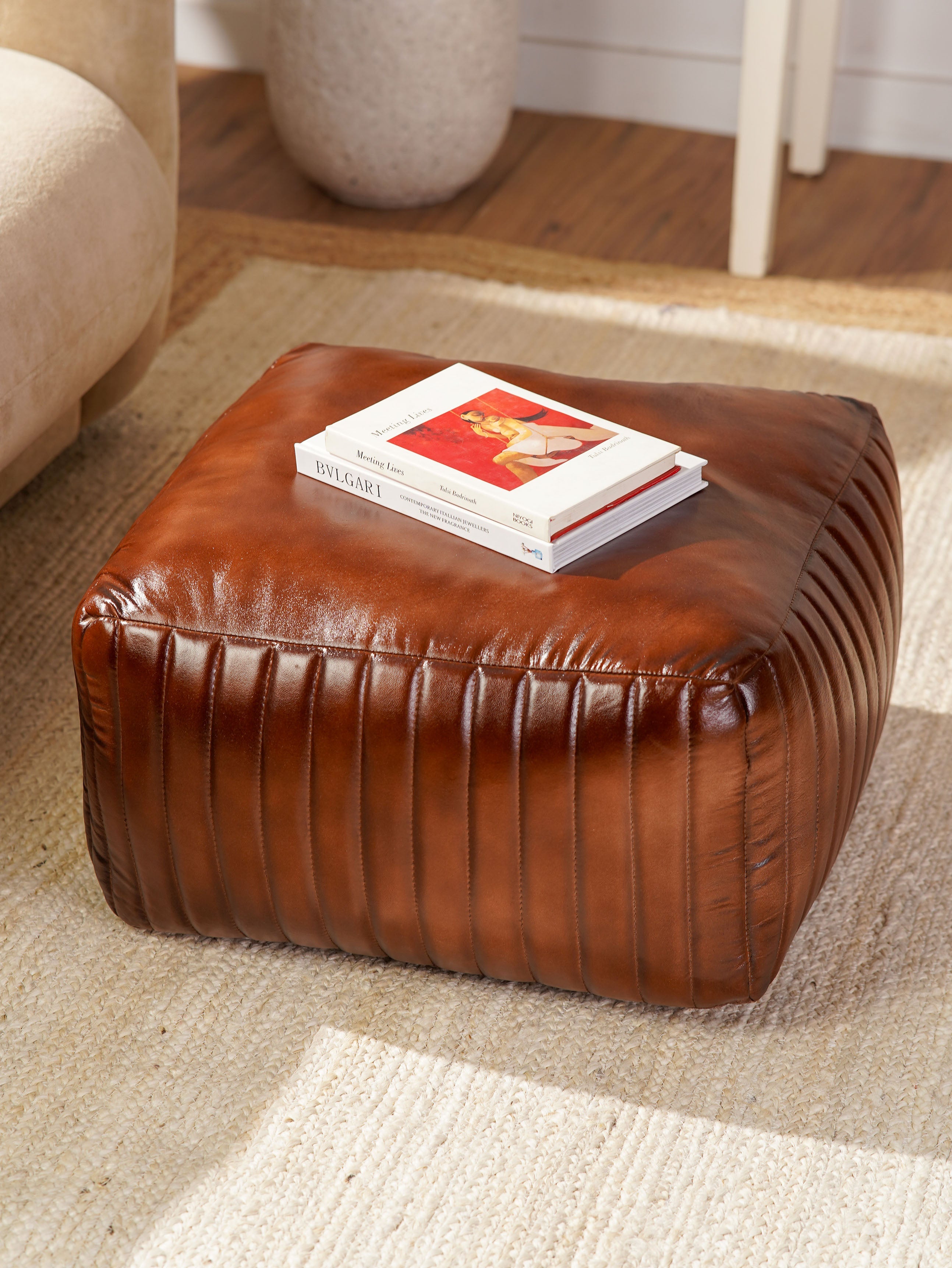Strata Leather Pouf| Brown Ottoman | Handmade | Contemporary | Filled | Square