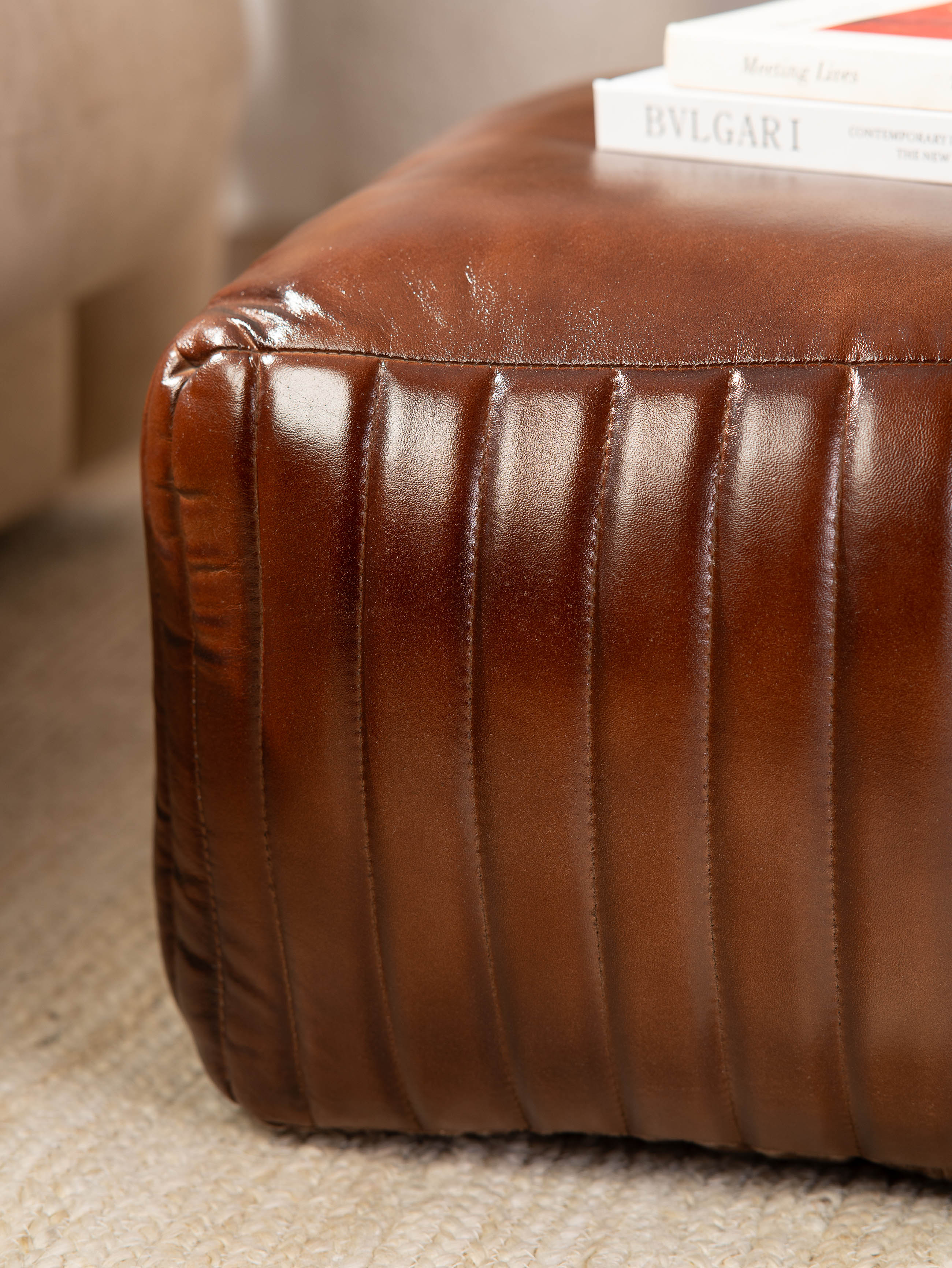 Strata Leather Pouf| Brown Ottoman | Handmade | Contemporary | Filled | Square