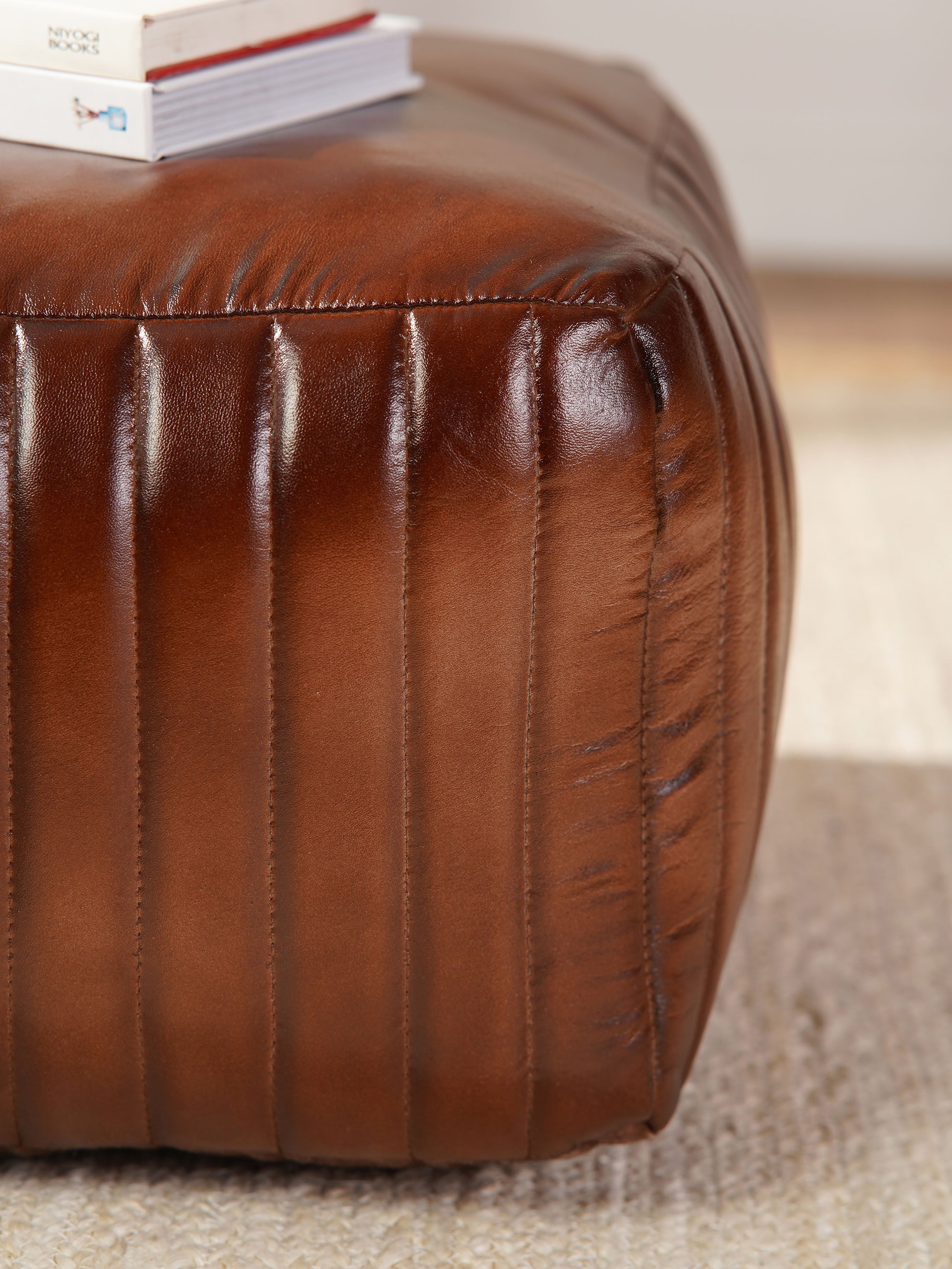 Strata Leather Pouf| Brown Ottoman | Handmade | Contemporary | Filled | Square