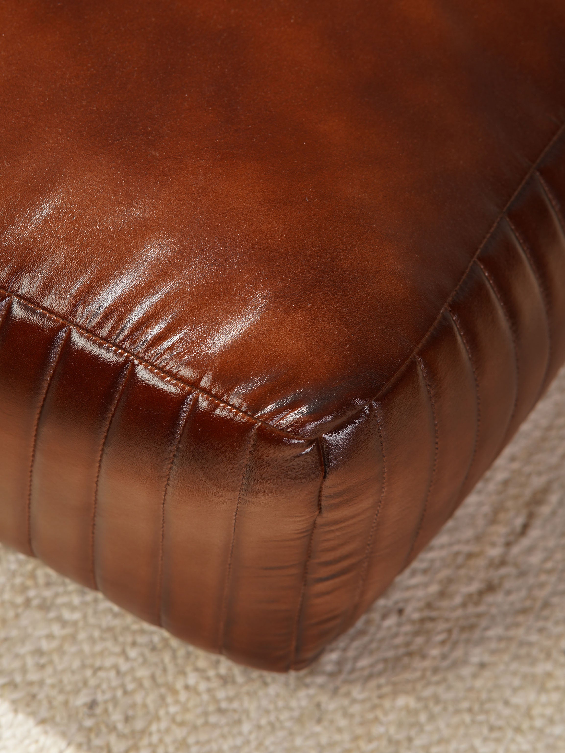 Strata Leather Pouf| Brown Ottoman | Handmade | Contemporary | Filled | Square
