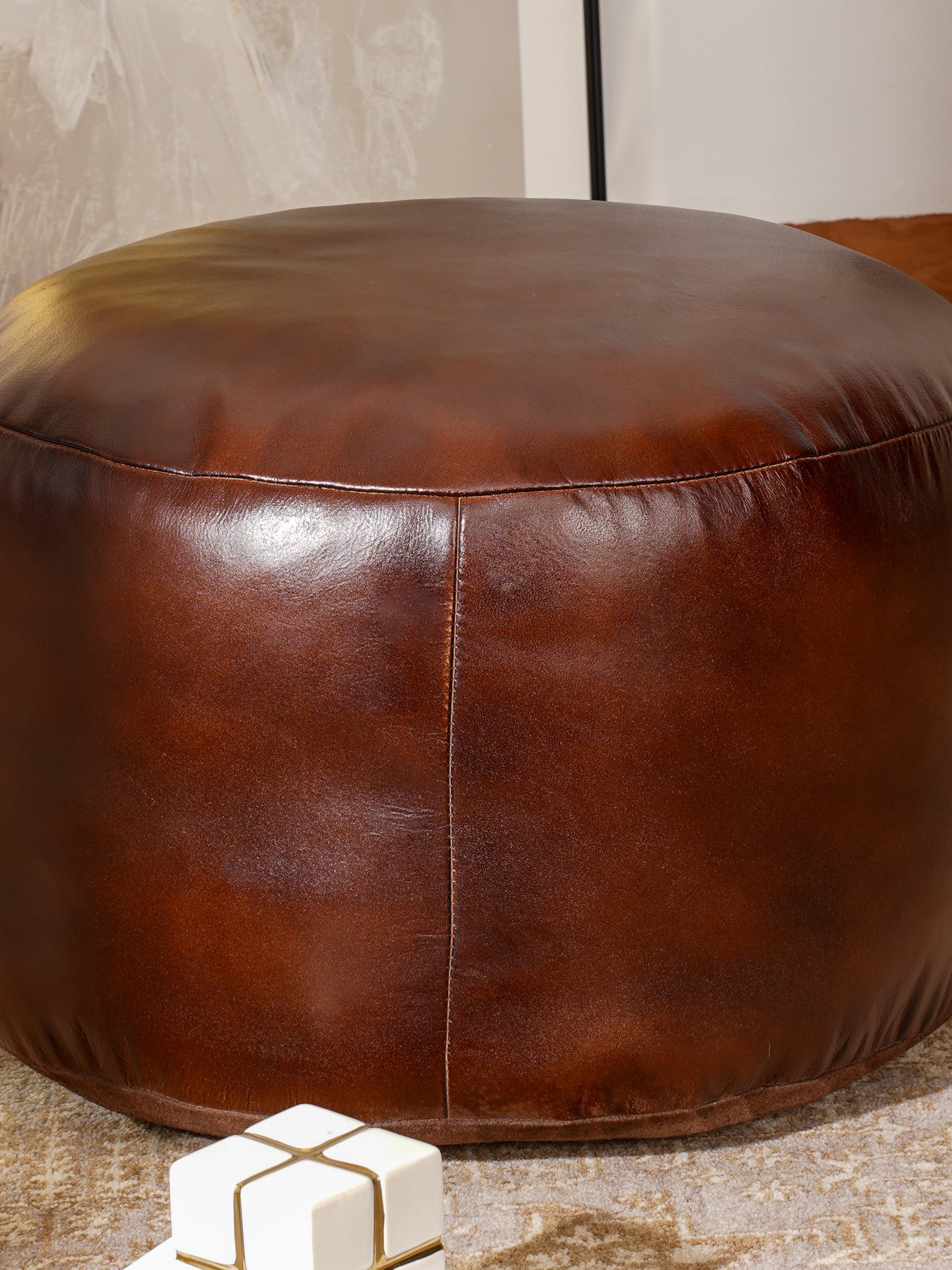 Handmade Buffalo Leather Pouf – Multiple Sizes & Colors | Round or Square | Filled