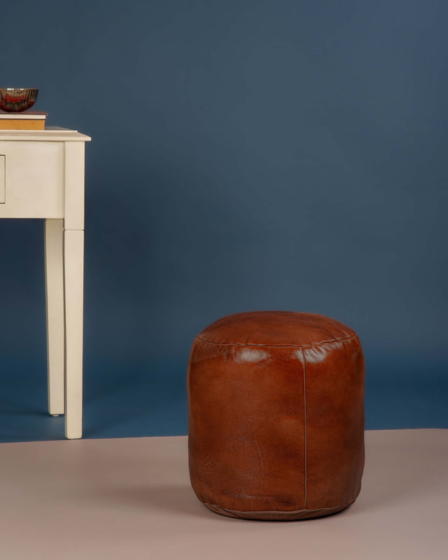 Handmade Buffalo Leather Pouf – Multiple Sizes & Colors | Round or Square | Filled