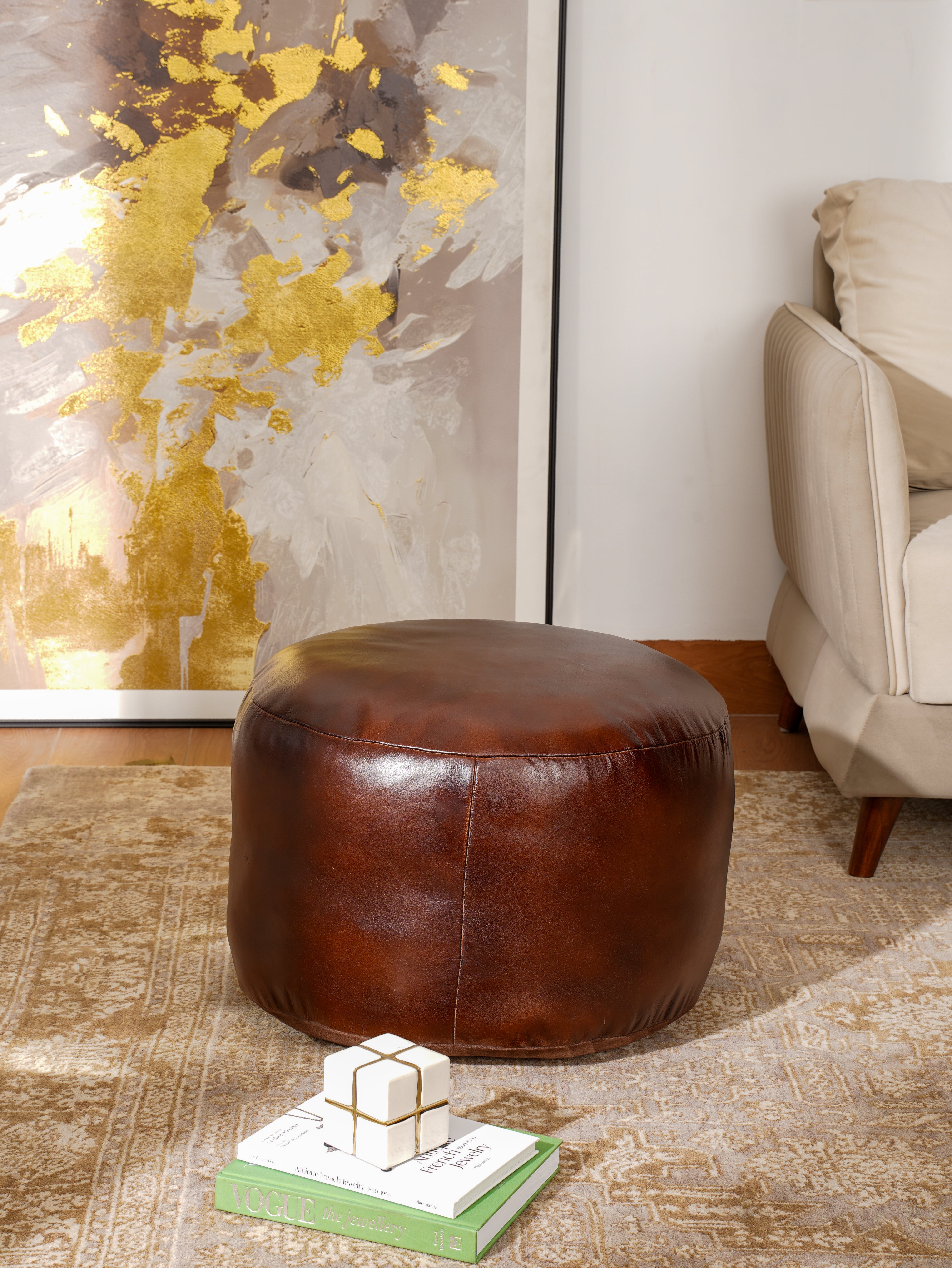 Handmade Buffalo Leather Pouf – Multiple Sizes & Colors | Round or Square | Filled