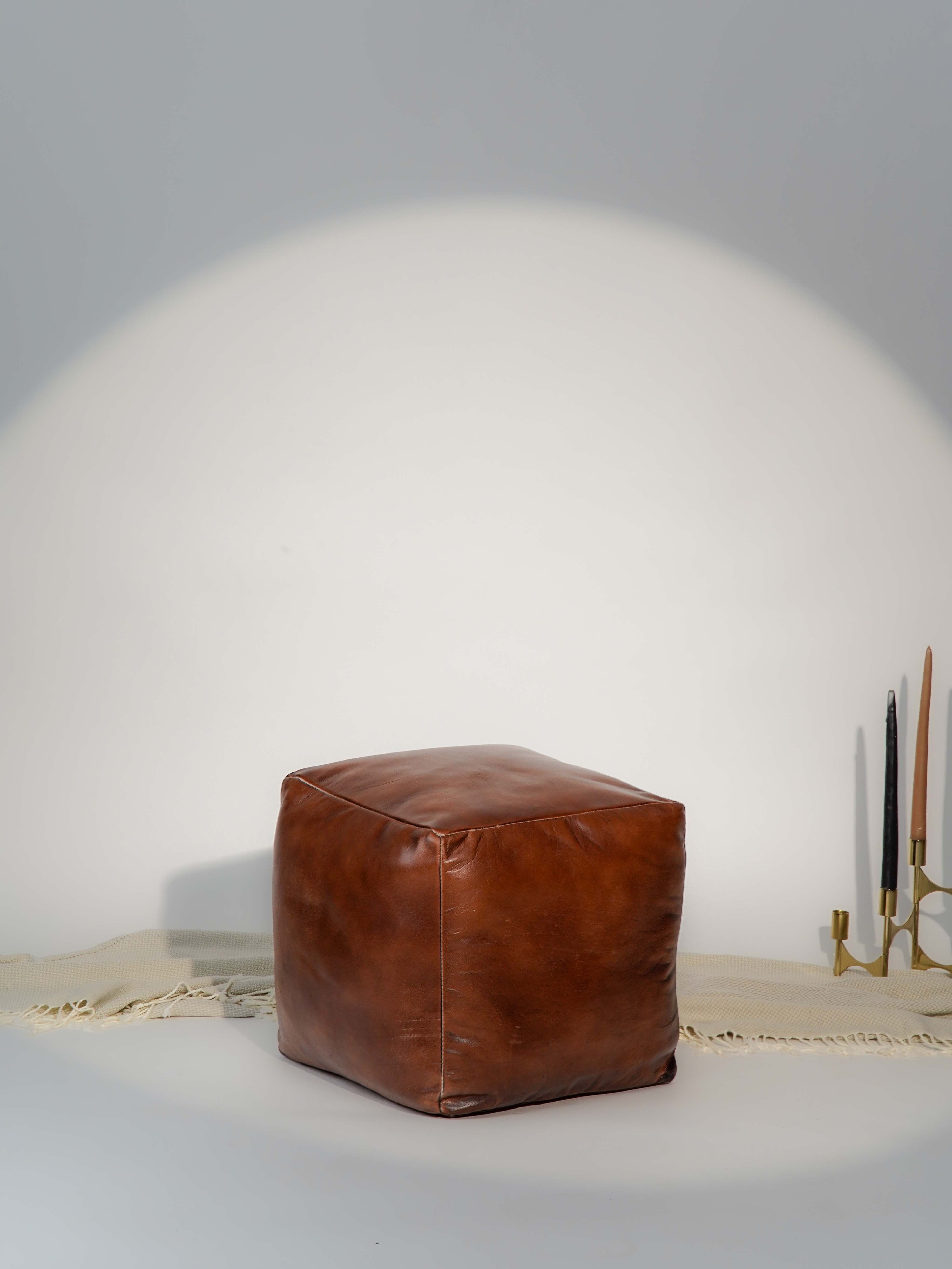 Handmade Buffalo Leather Pouf – Multiple Sizes & Colors | Round or Square | Filled