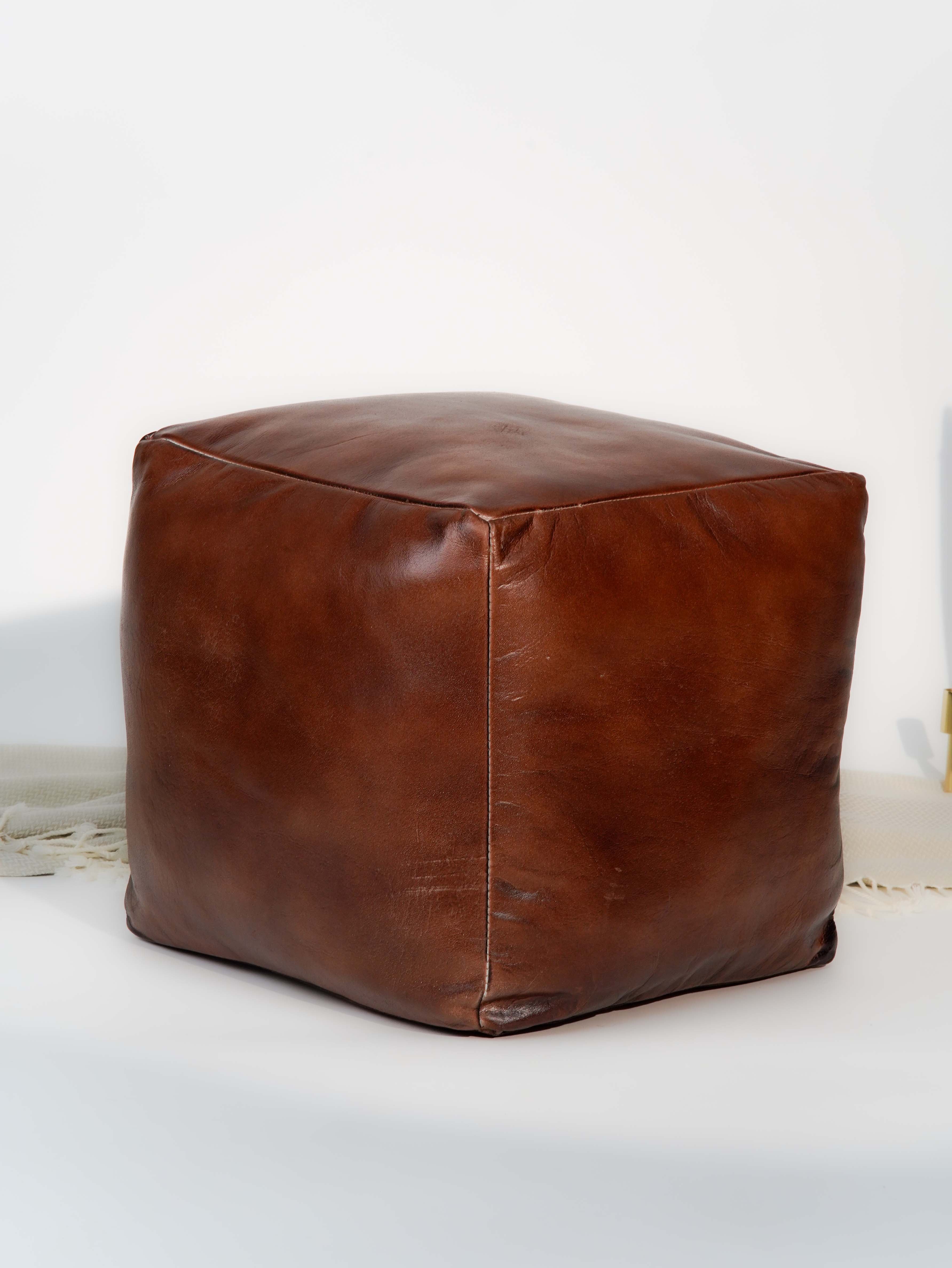 Handmade Buffalo Leather Pouf – Multiple Sizes & Colors | Round or Square | Filled