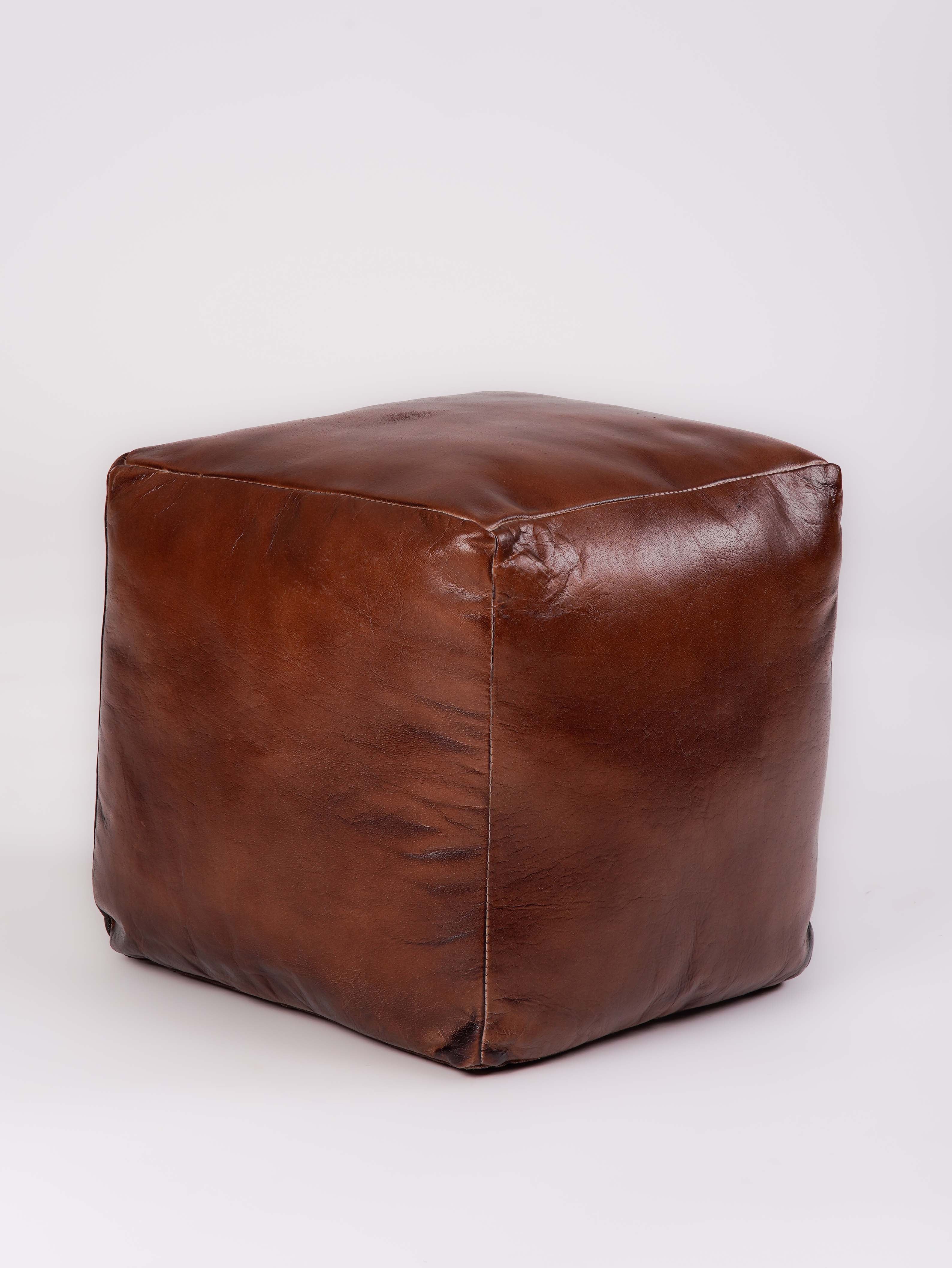 Handmade Buffalo Leather Pouf – Multiple Sizes & Colors | Round or Square | Filled