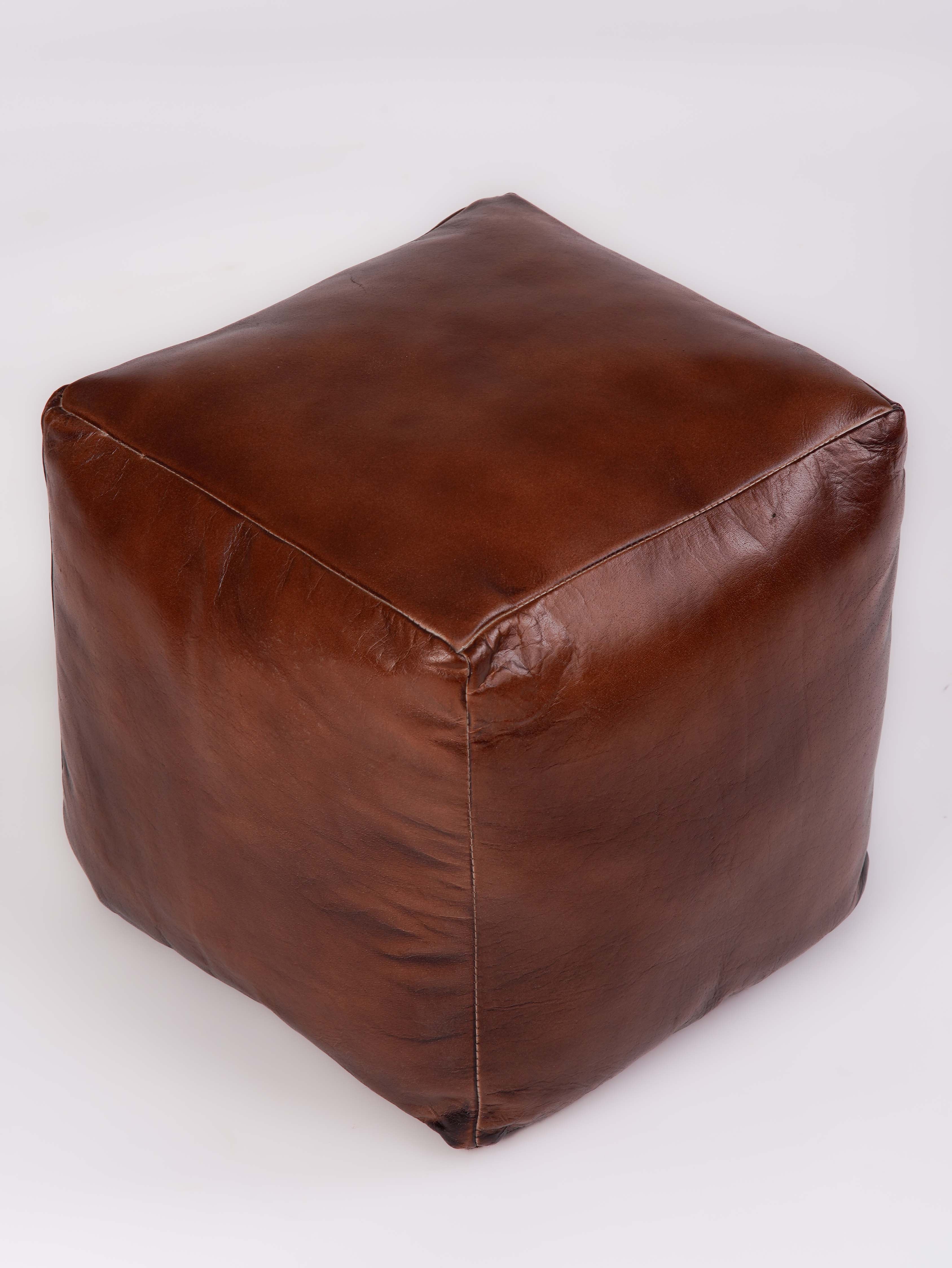 Handmade Buffalo Leather Pouf – Multiple Sizes & Colors | Round or Square | Filled