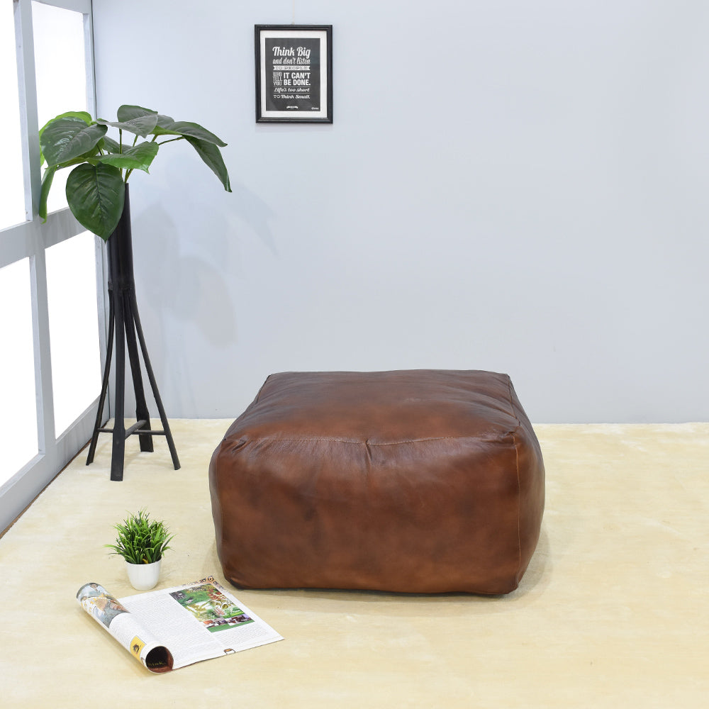 Handmade Buffalo Leather Pouf – Multiple Sizes & Colors | Round or Square | Filled