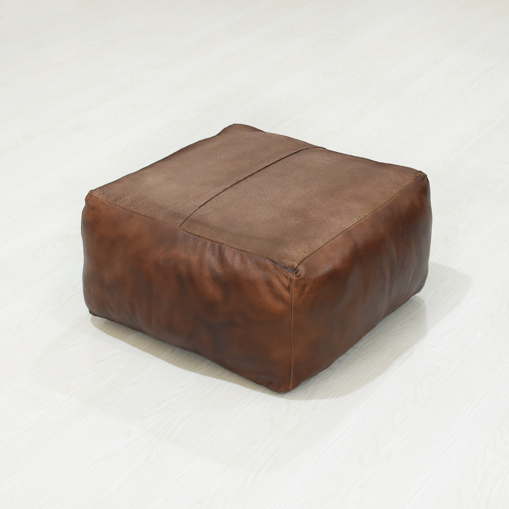 Handmade Buffalo Leather Pouf – Multiple Sizes & Colors | Round or Square | Filled