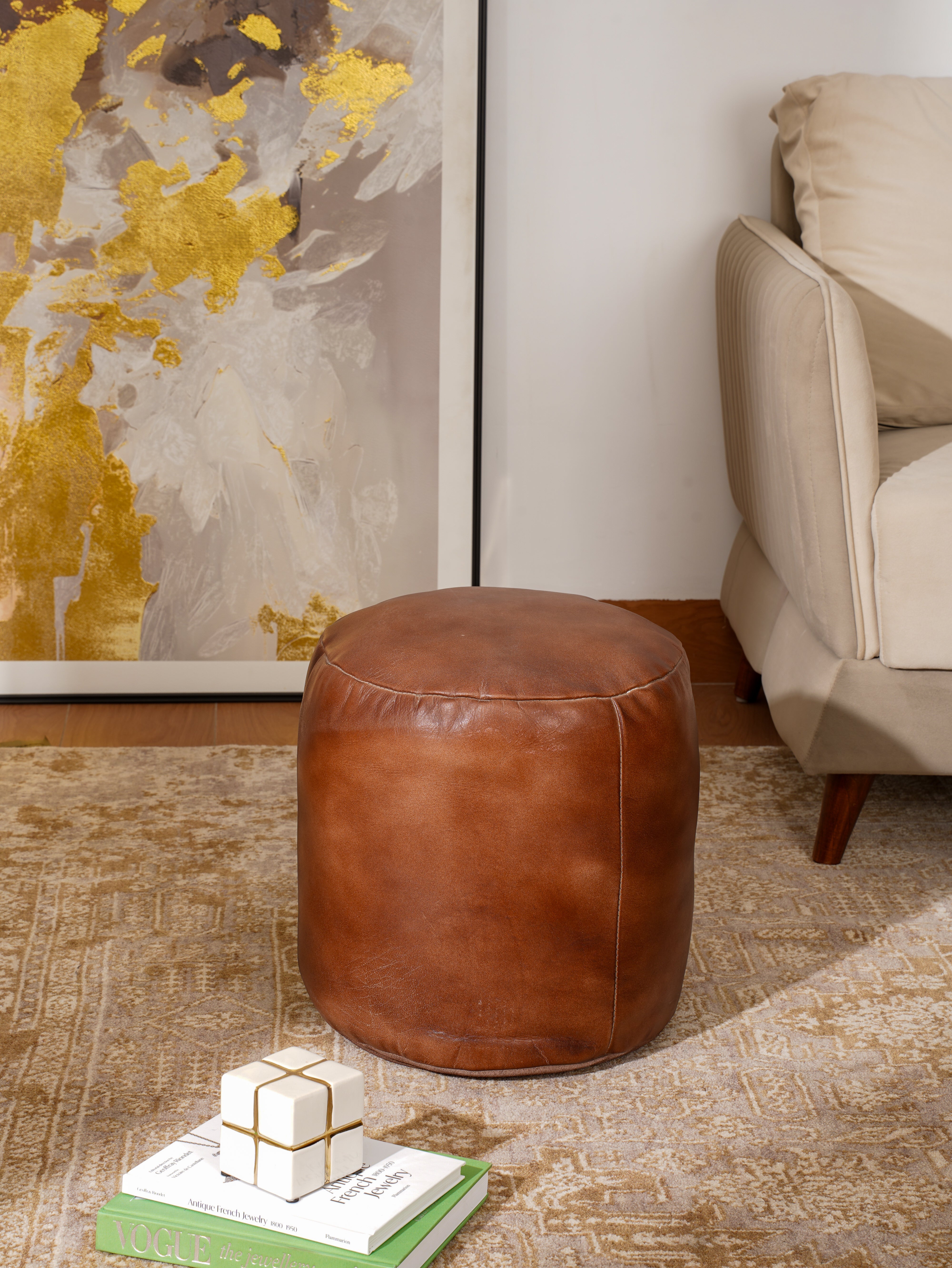 Handmade Buffalo Leather Pouf – Multiple Sizes & Colors | Round or Square | Filled