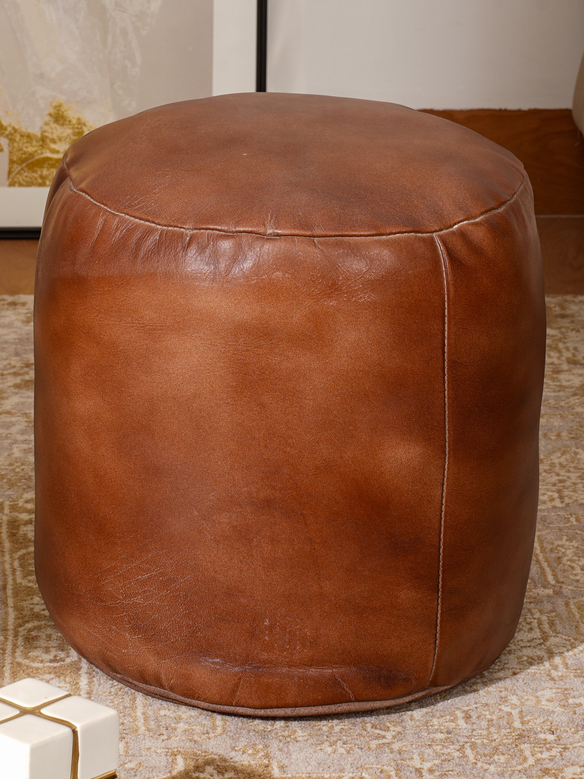 Handmade Buffalo Leather Pouf – Multiple Sizes & Colors | Round or Square | Filled