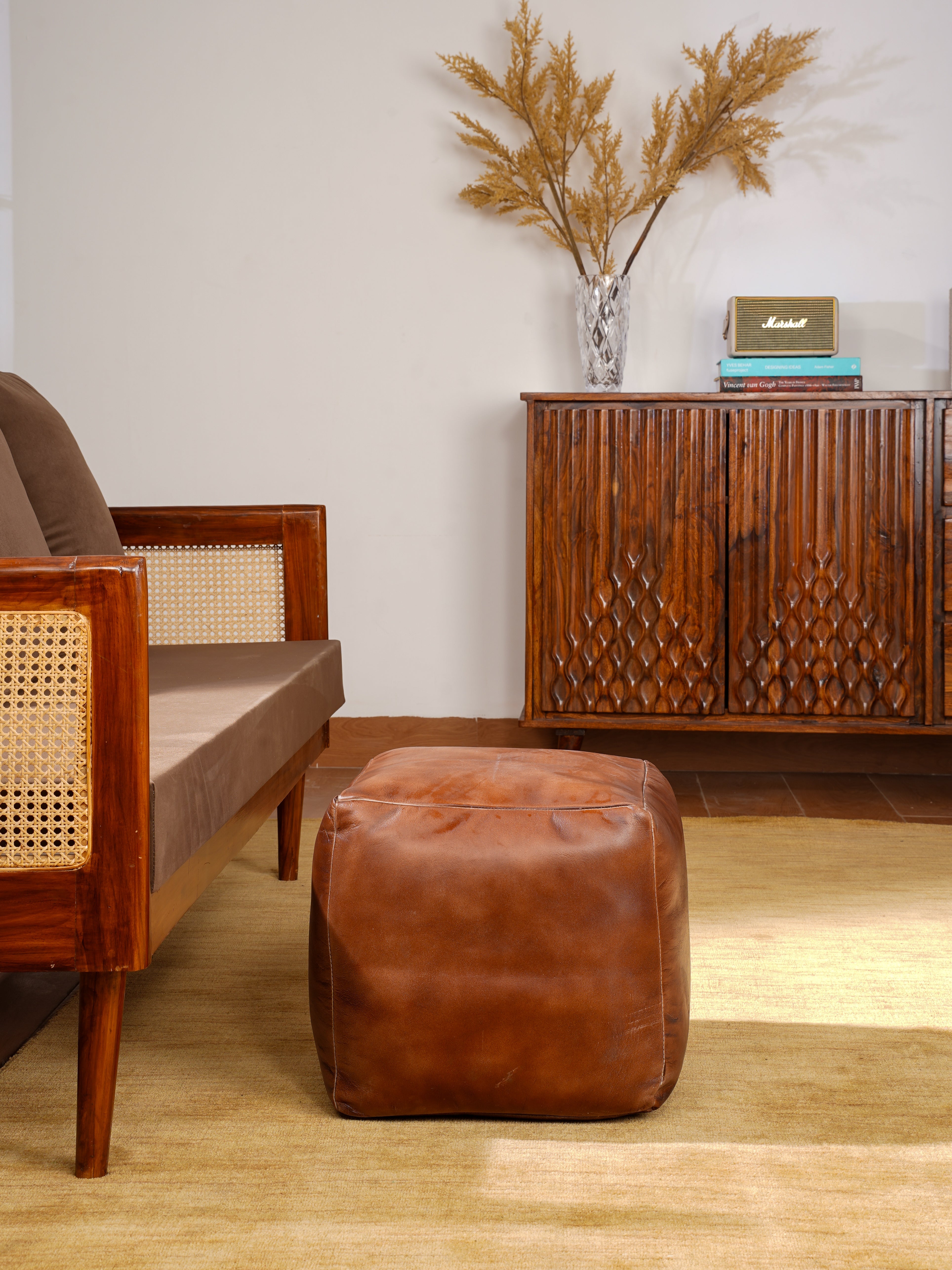 Handmade Buffalo Leather Pouf – Multiple Sizes & Colors | Round or Square | Filled