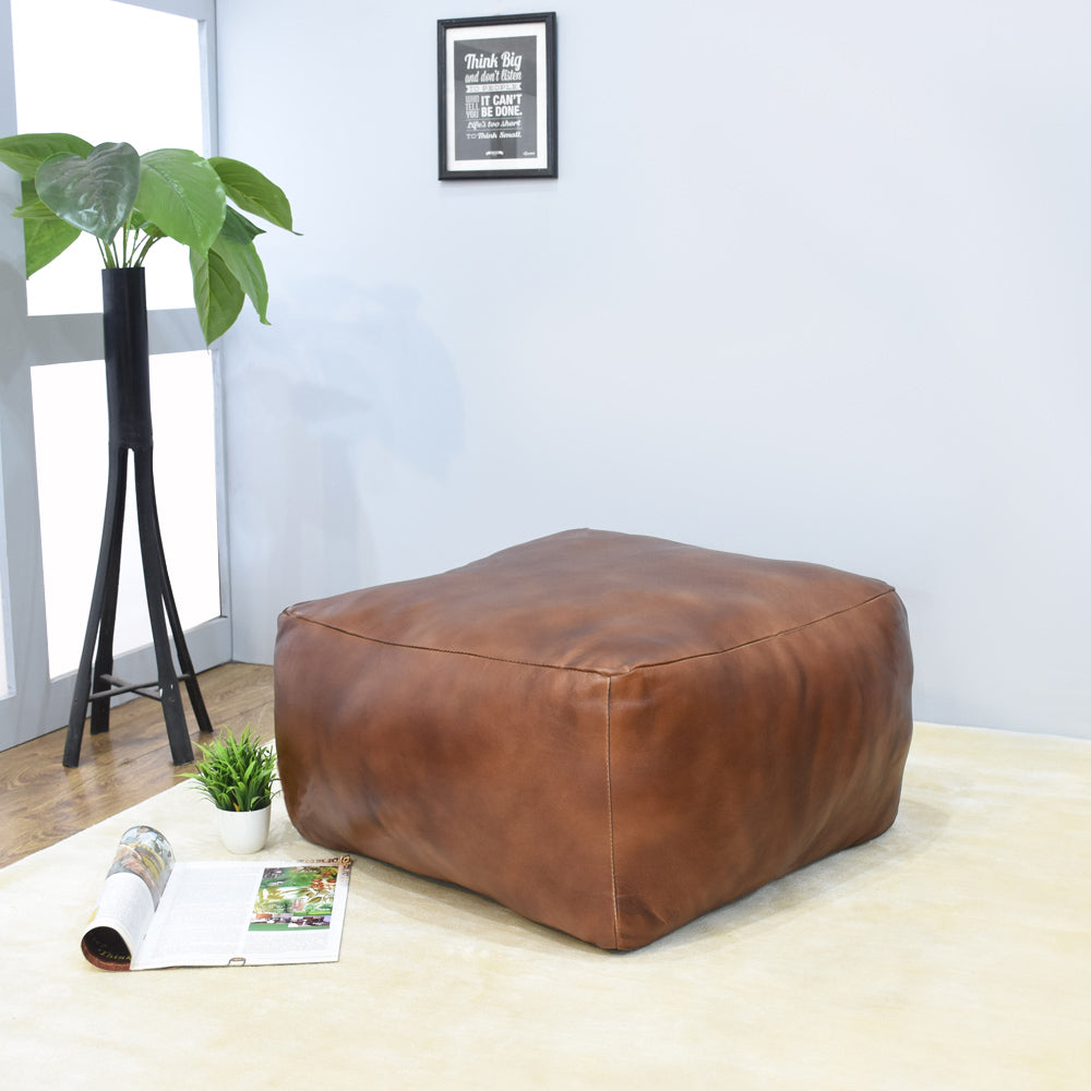 Handmade Buffalo Leather Pouf – Multiple Sizes & Colors | Round or Square | Filled