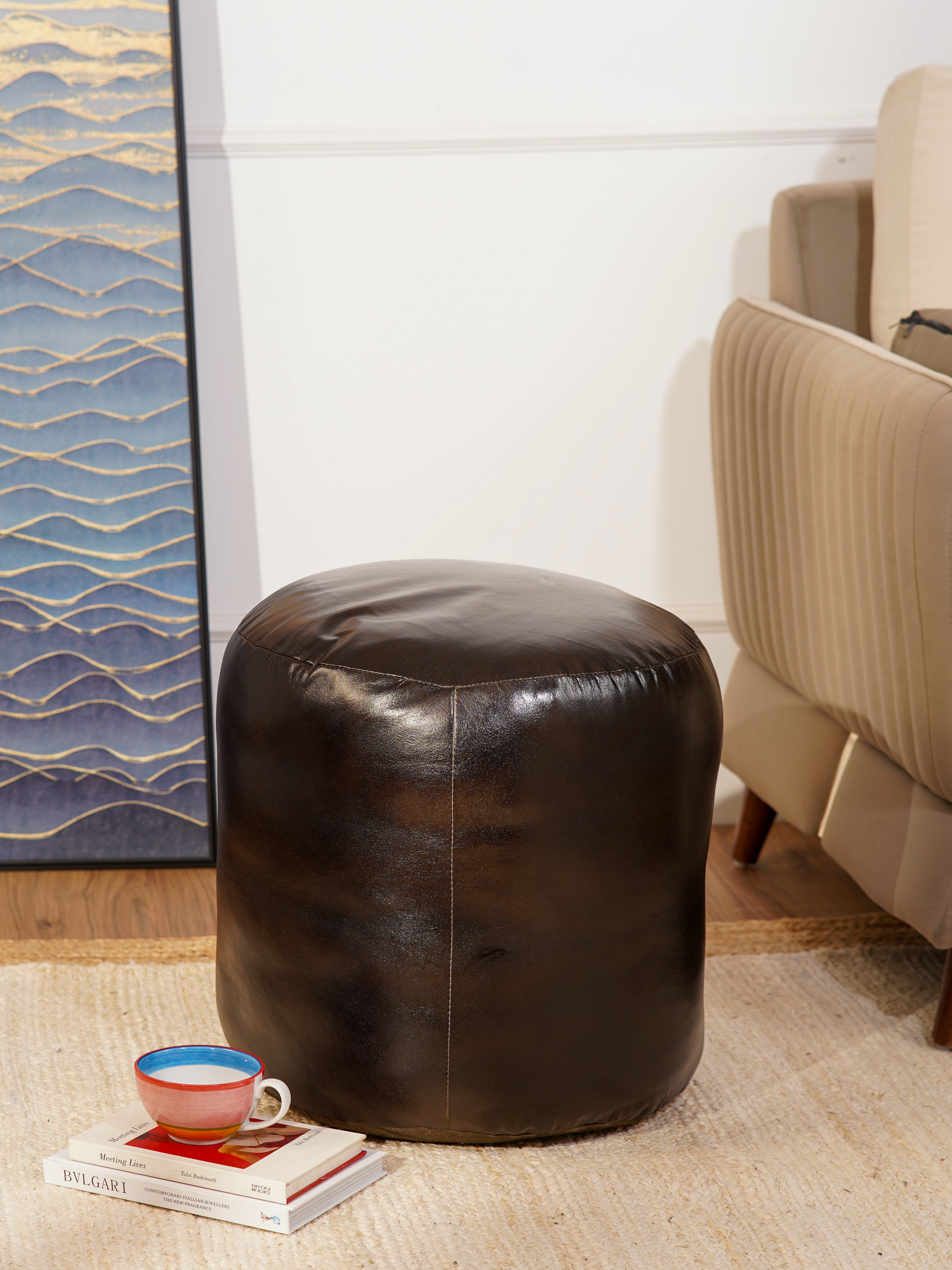 Handmade Buffalo Leather Pouf – Multiple Sizes & Colors | Round or Square | Filled