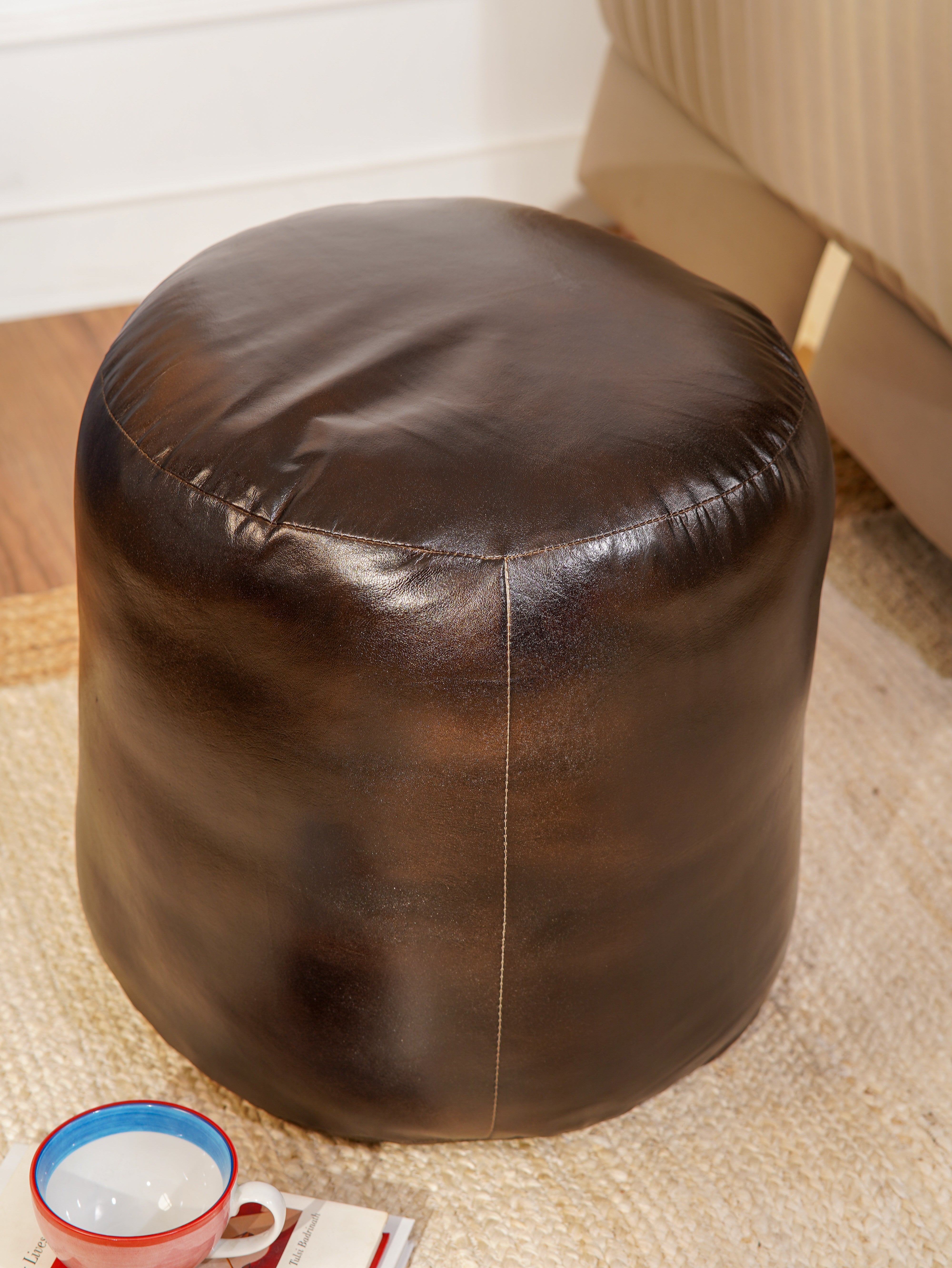 Handmade Buffalo Leather Pouf – Multiple Sizes & Colors | Round or Square | Filled