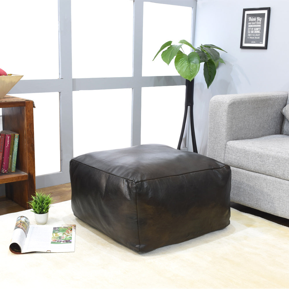 Handmade Buffalo Leather Pouf – Multiple Sizes & Colors | Round or Square | Filled