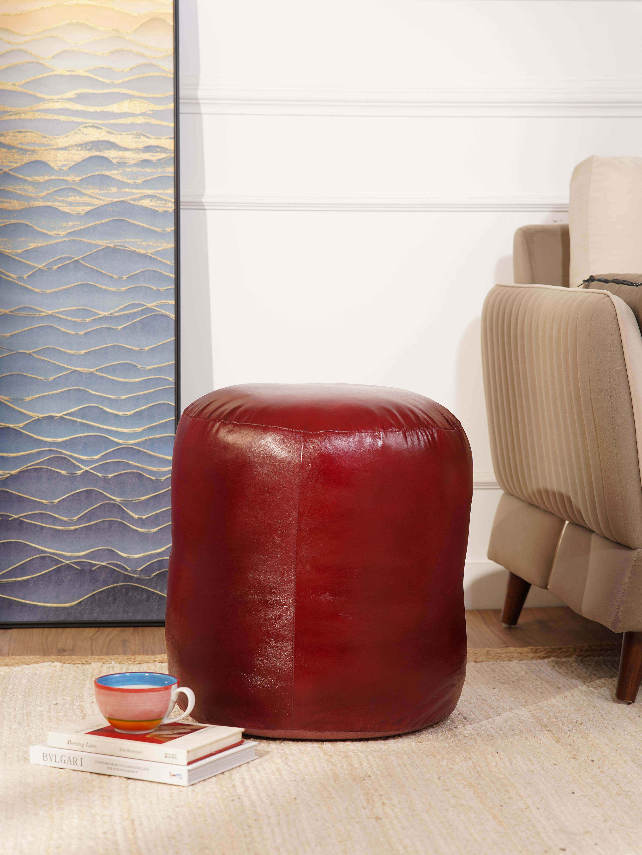 Handmade Buffalo Leather Pouf – Multiple Sizes & Colors | Round or Square | Filled