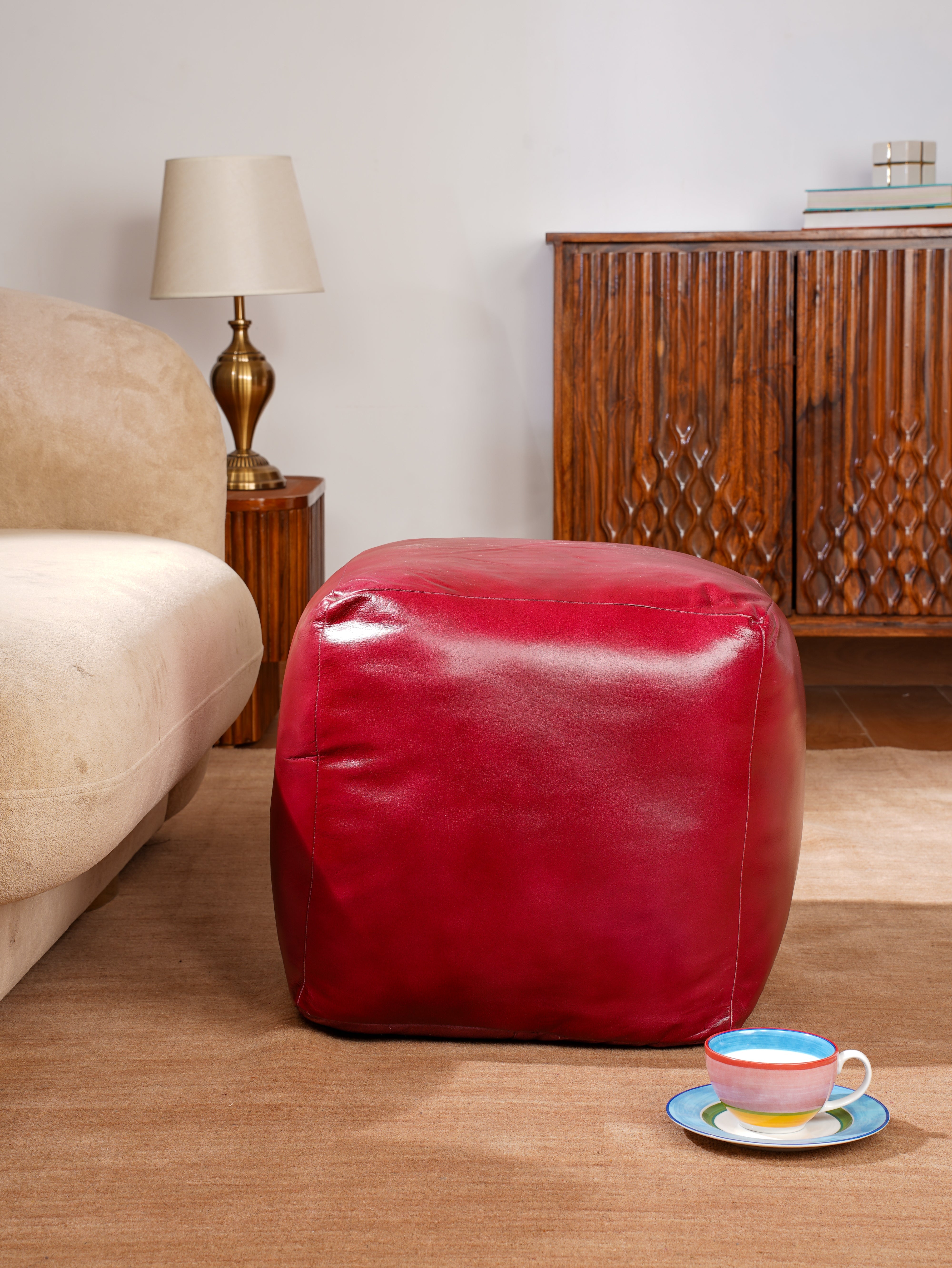 Handmade Buffalo Leather Pouf – Multiple Sizes & Colors | Round or Square | Filled