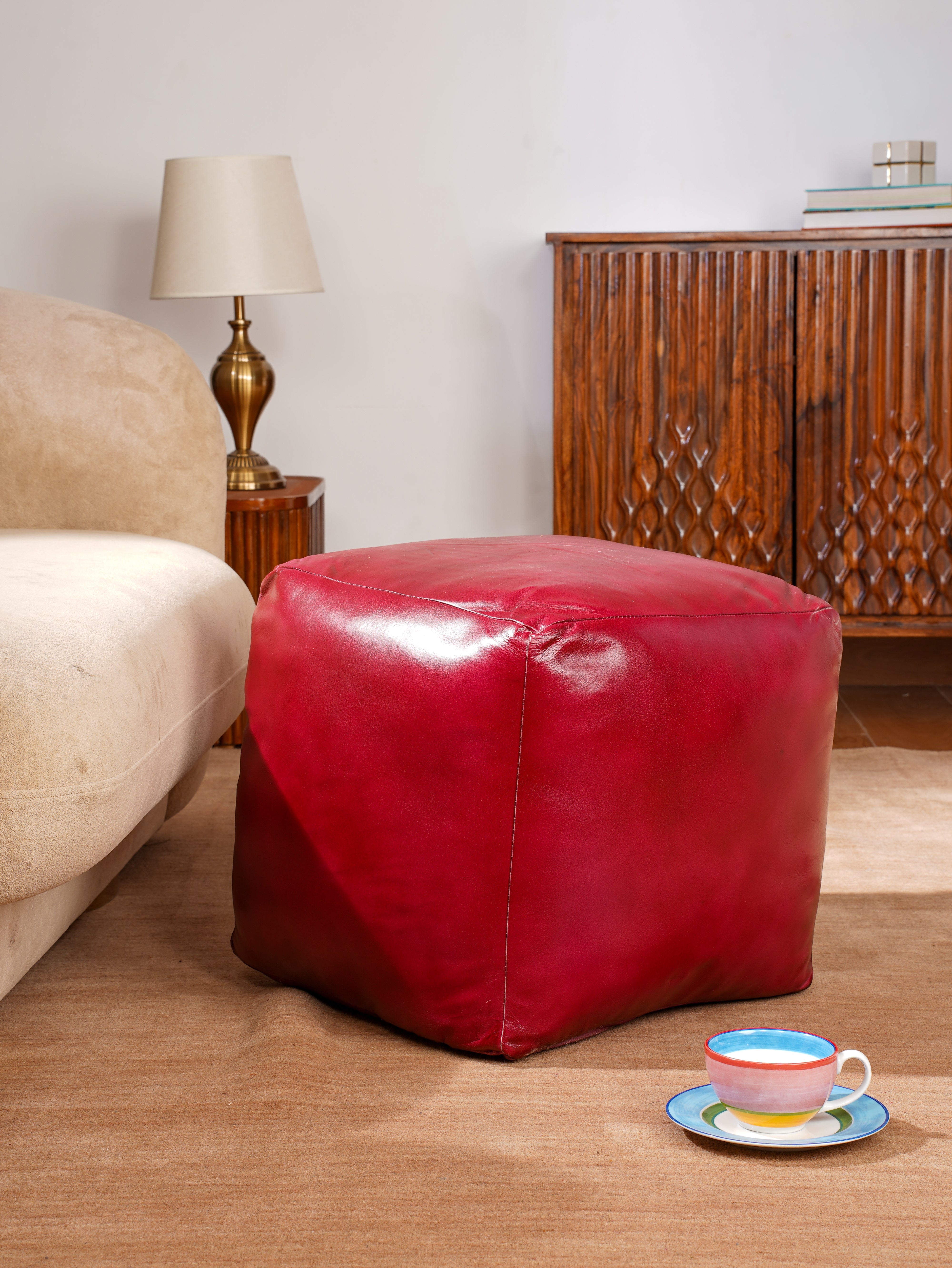 Handmade Buffalo Leather Pouf – Multiple Sizes & Colors | Round or Square | Filled