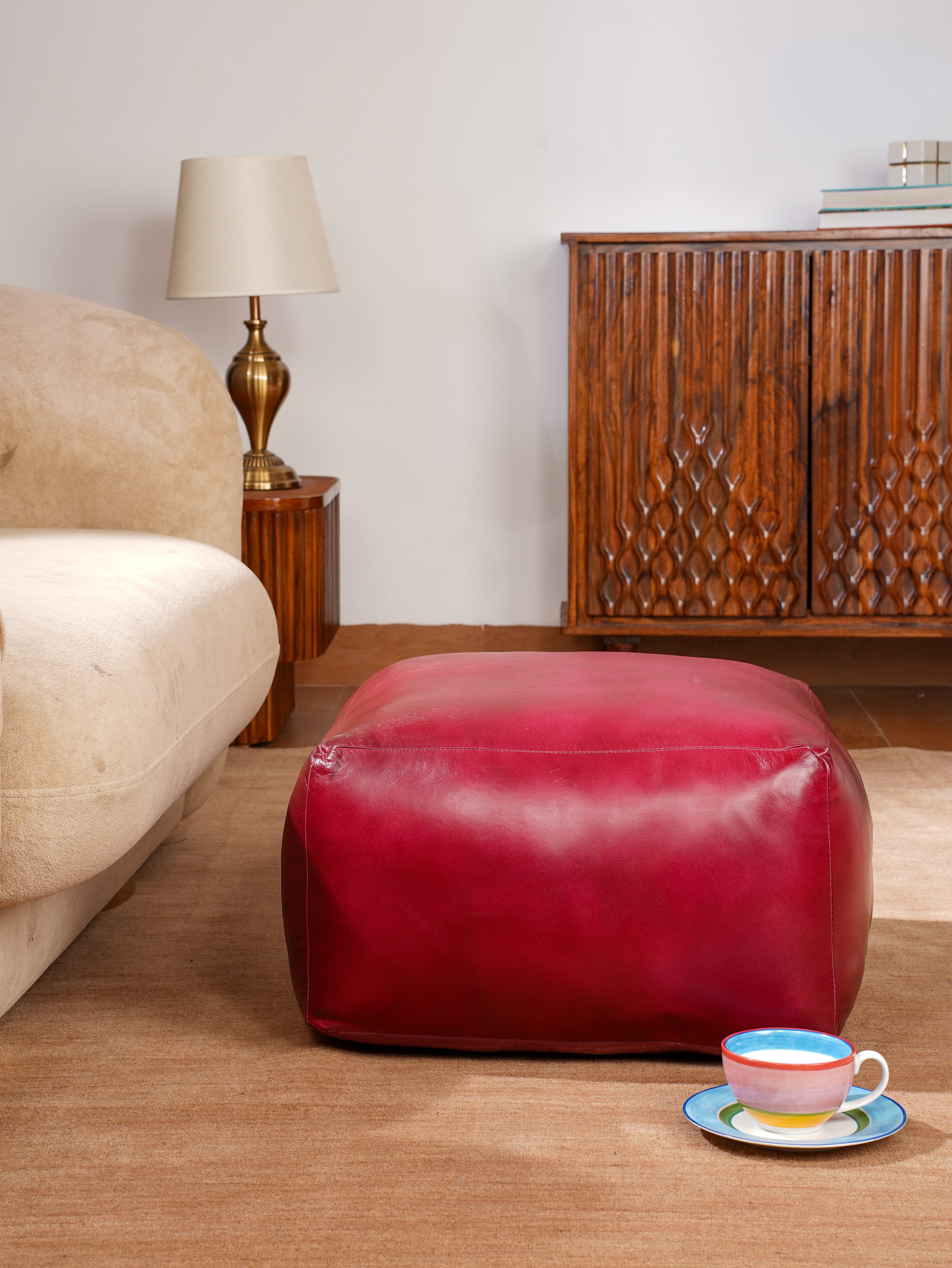 Handmade Buffalo Leather Pouf – Multiple Sizes & Colors | Round or Square | Filled