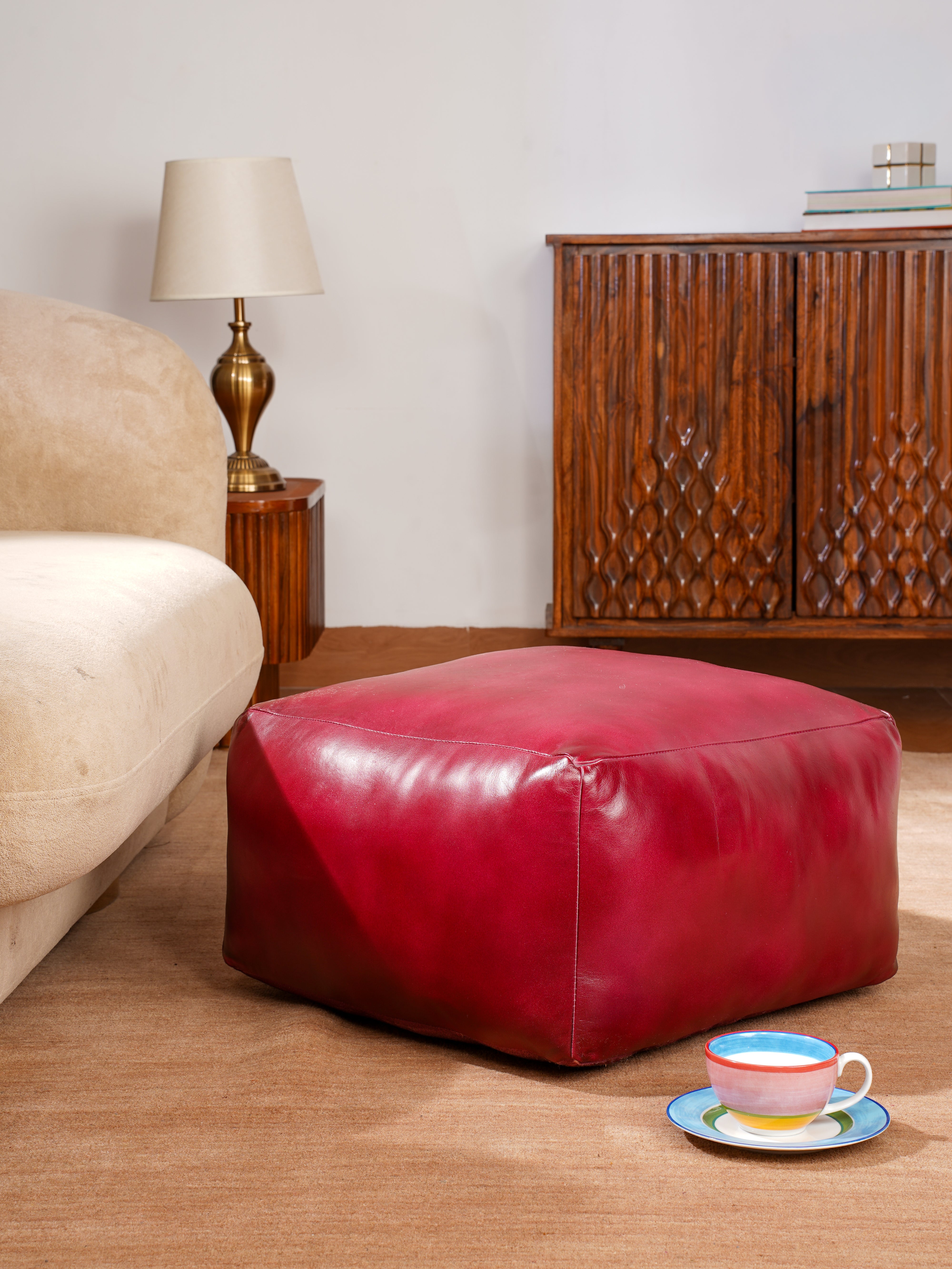 Handmade Buffalo Leather Pouf – Multiple Sizes & Colors | Round or Square | Filled