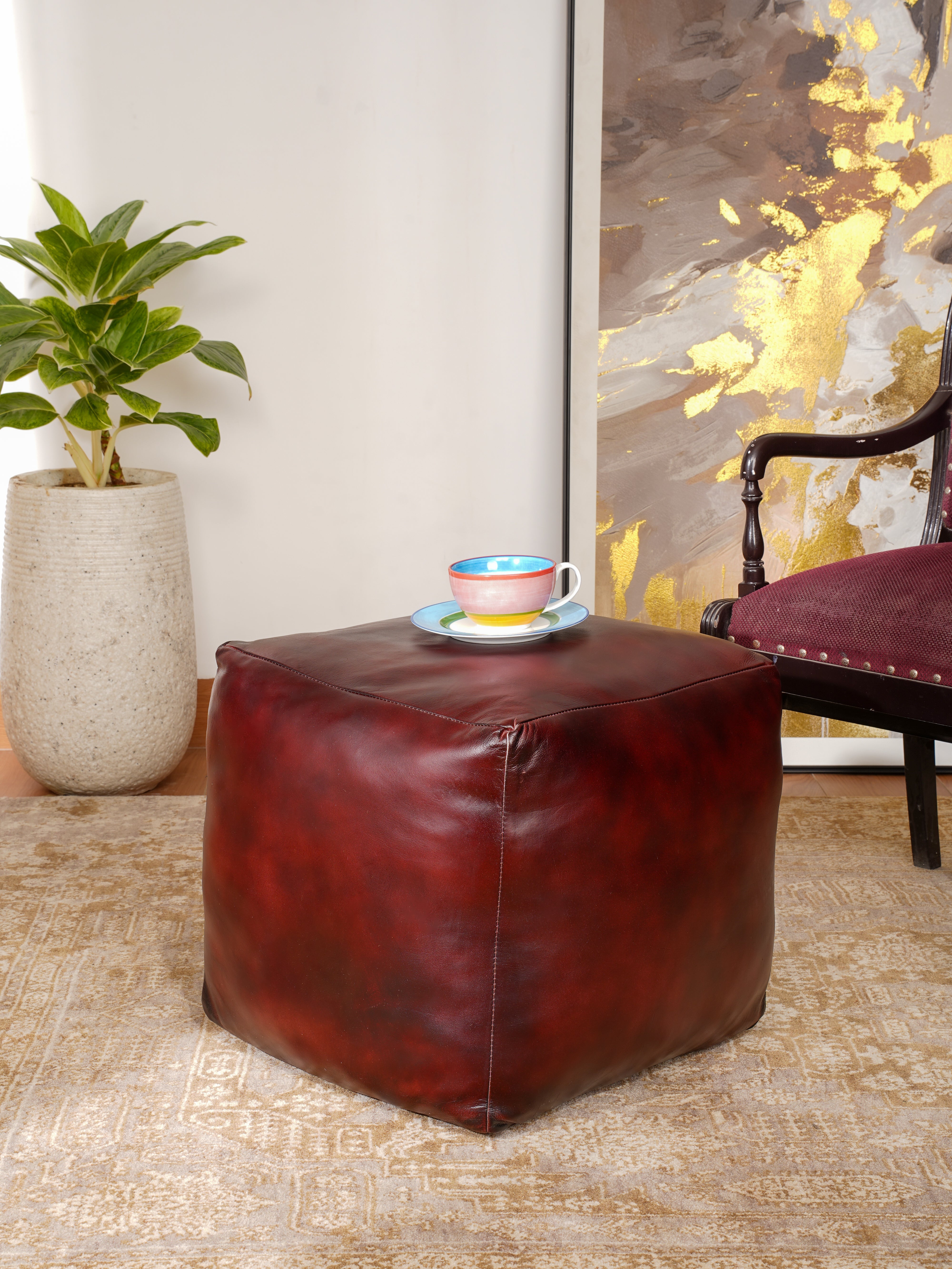 Handmade Buffalo Leather Pouf – Multiple Sizes & Colors | Round or Square | Filled
