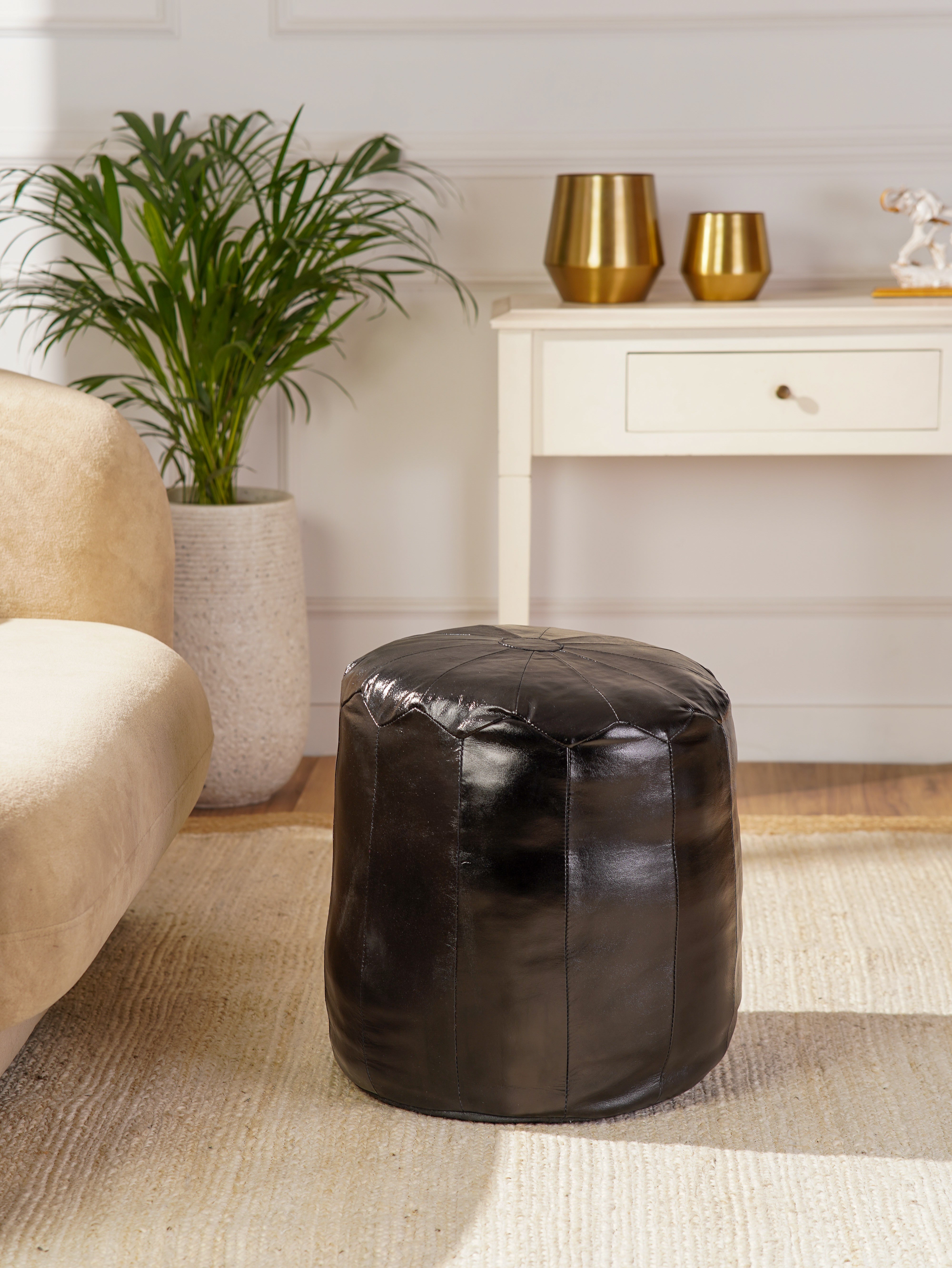Handmade Buffalo Leather Pouf – Round Ottoman, Filled – Sienna Satchel