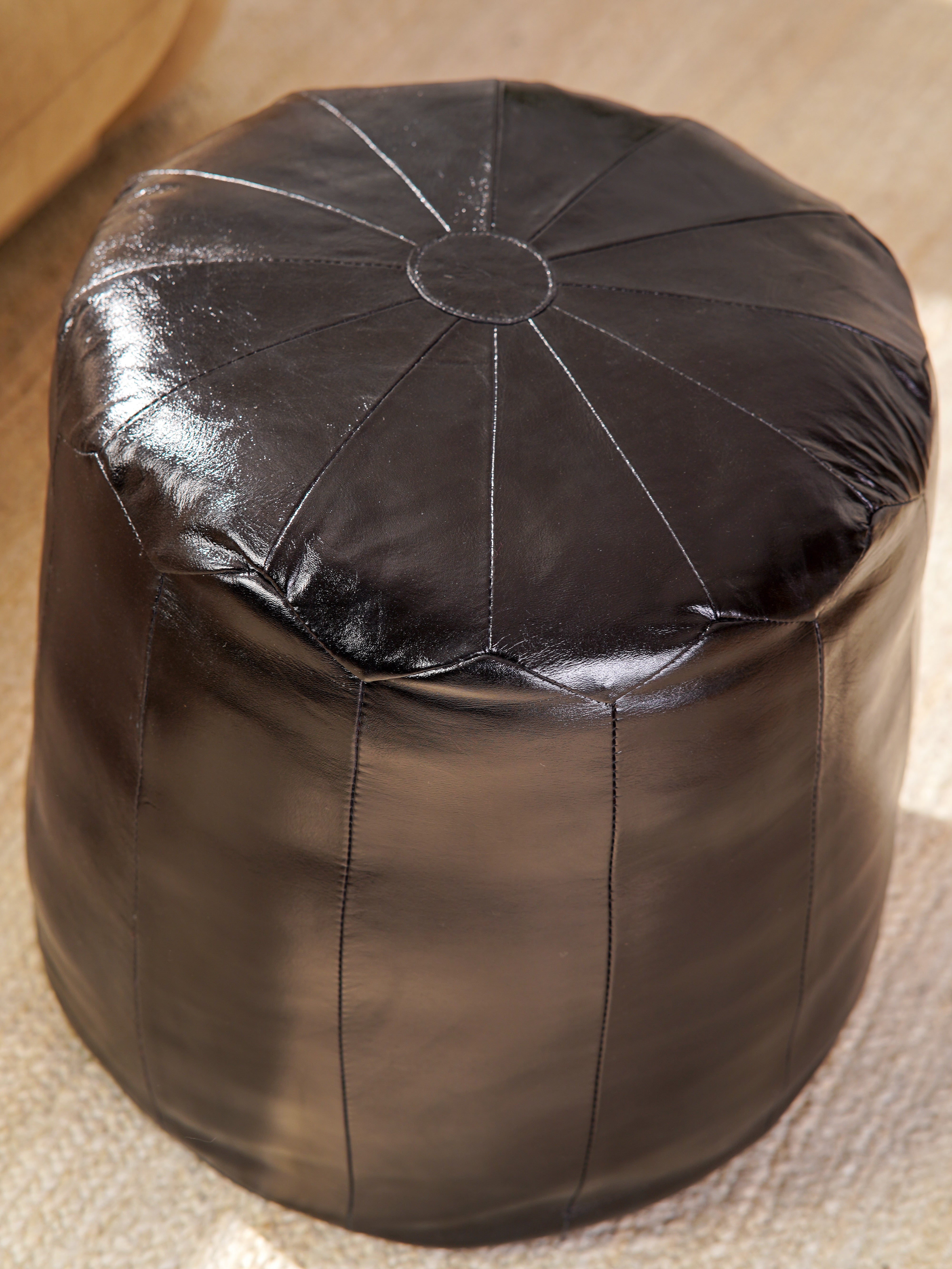 Handmade Buffalo Leather Pouf – Round Ottoman, Filled – Sienna Satchel
