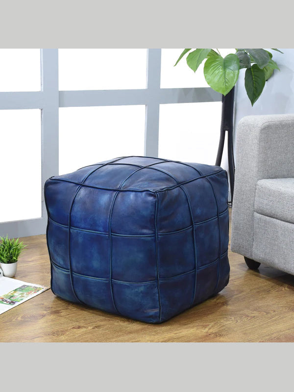 Square Leather Pouf – Handmade Ottoman | Filled | Modern Accent | Jet Black & Vintage Blue