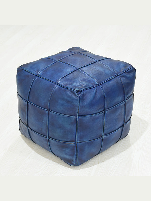 Square Leather Pouf – Handmade Ottoman | Filled | Modern Accent | Jet Black & Vintage Blue