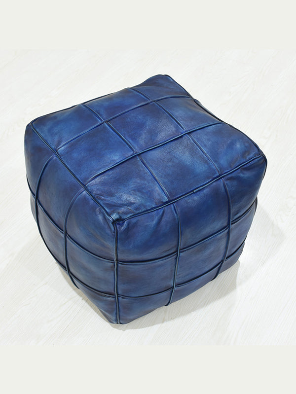 Square Leather Pouf – Handmade Ottoman | Filled | Modern Accent | Jet Black & Vintage Blue