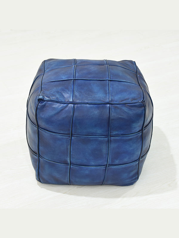 Square Leather Pouf – Handmade Ottoman | Filled | Modern Accent | Jet Black & Vintage Blue