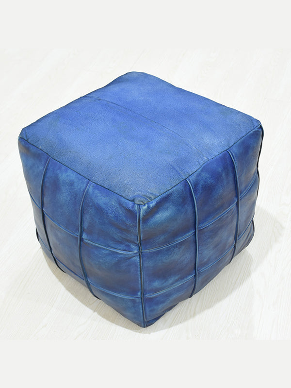 Square Leather Pouf – Handmade Ottoman | Filled | Modern Accent | Jet Black & Vintage Blue