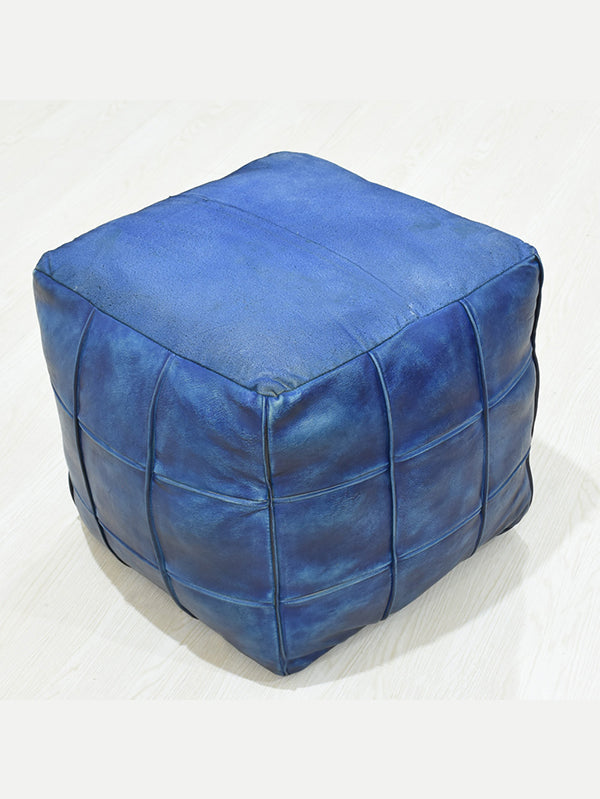 Square Leather Pouf – Handmade Ottoman | Filled | Modern Accent | Jet Black & Vintage Blue