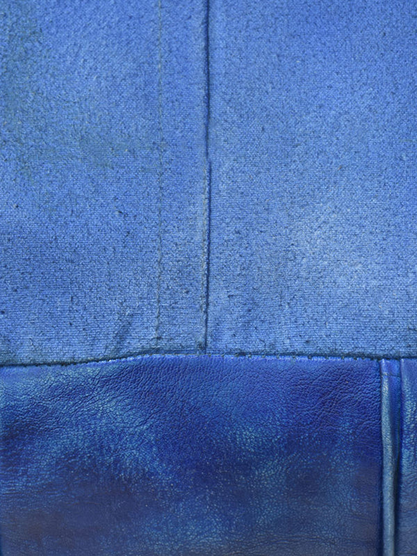 Square Leather Pouf – Handmade Ottoman | Filled | Modern Accent | Jet Black & Vintage Blue