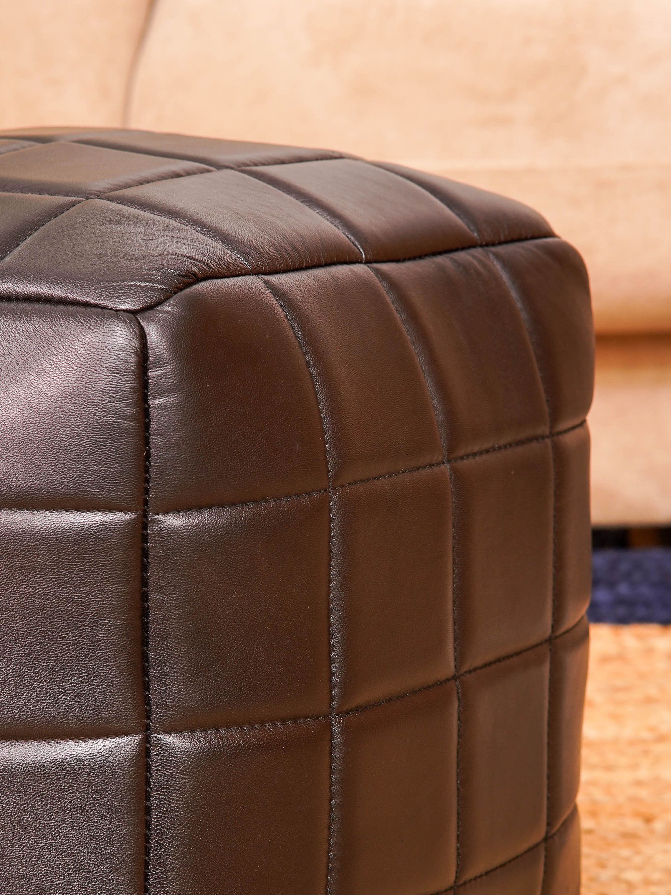 Metro Grid Leather Pouf – Square Ottoman | Handmade | Black & Brown | Filled