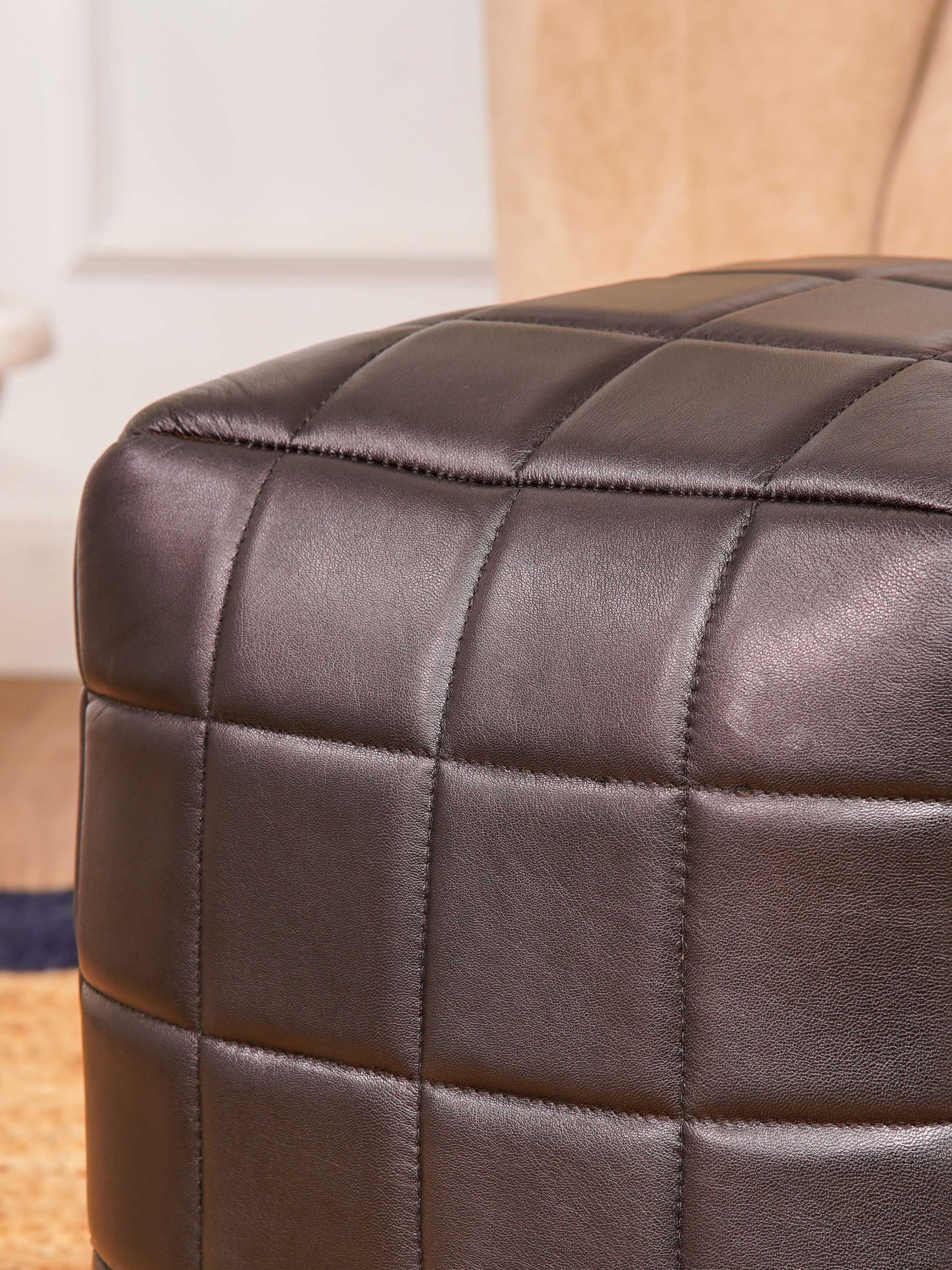 Metro Grid Leather Pouf – Square Ottoman | Handmade | Black & Brown | Filled