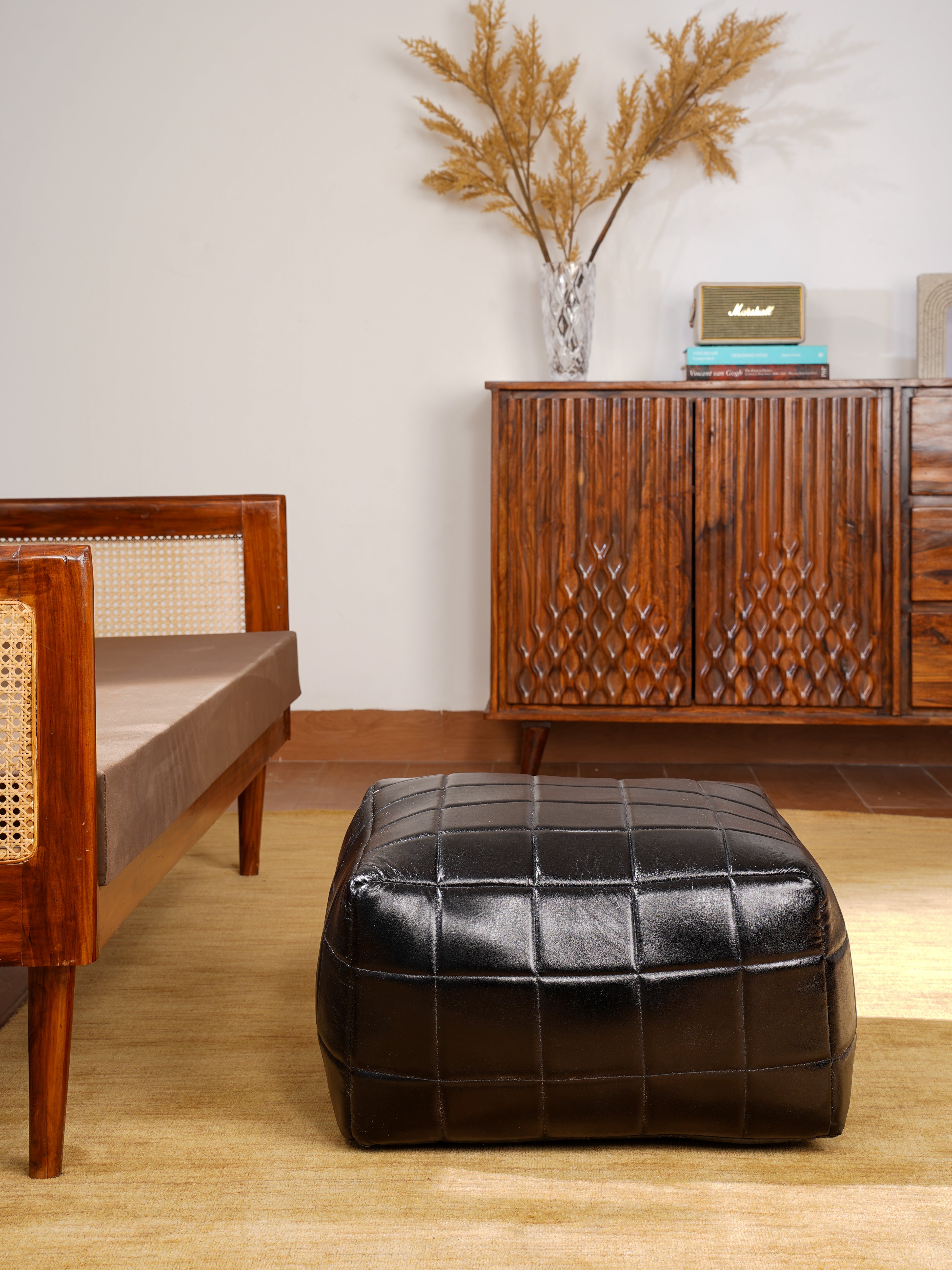 Metro Grid Leather Pouf – Square Ottoman | Handmade | Black & Brown | Filled