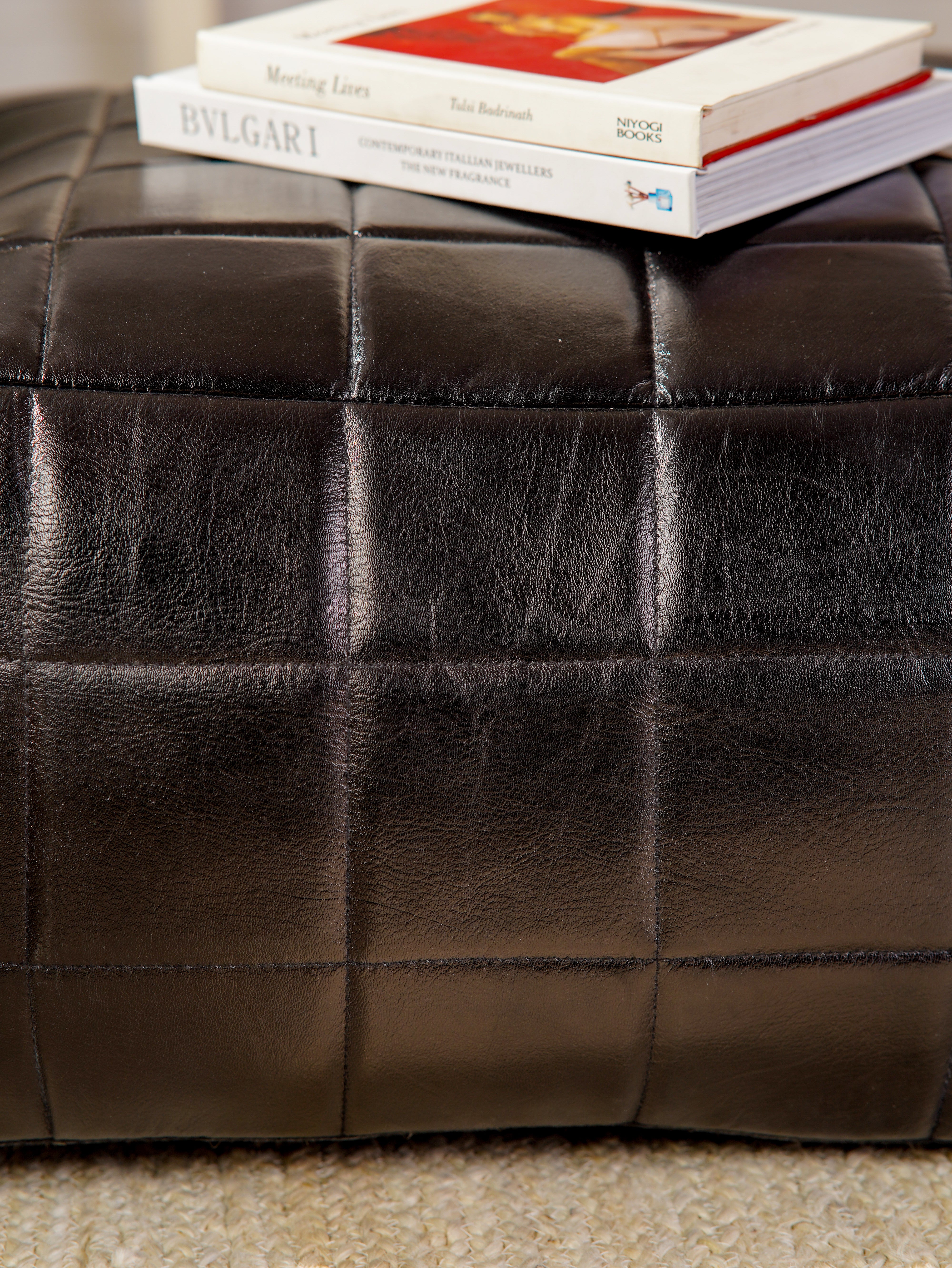 Metro Grid Leather Pouf – Square Ottoman | Handmade | Black & Brown | Filled