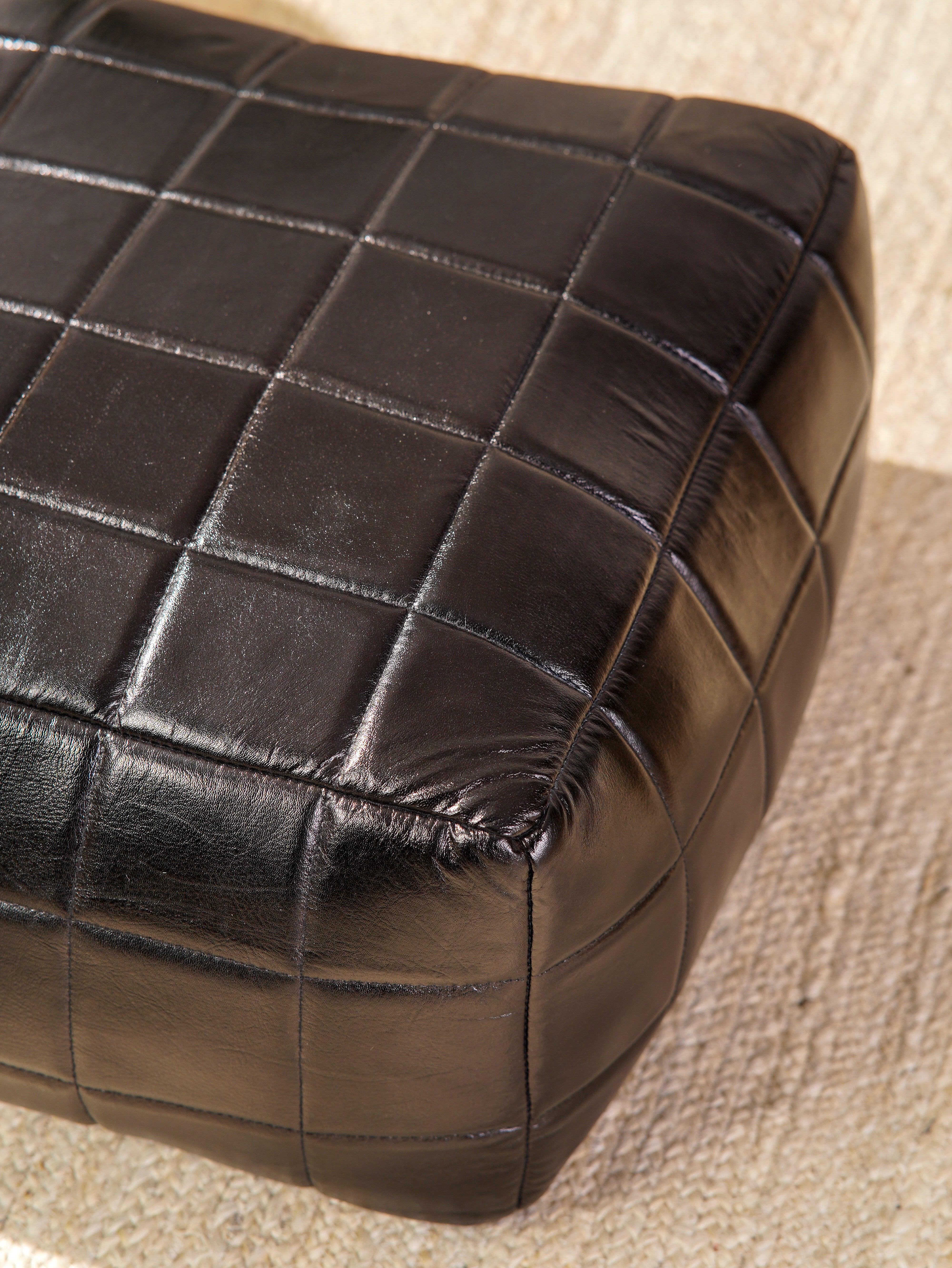 Metro Grid Leather Pouf – Square Ottoman | Handmade | Black & Brown | Filled