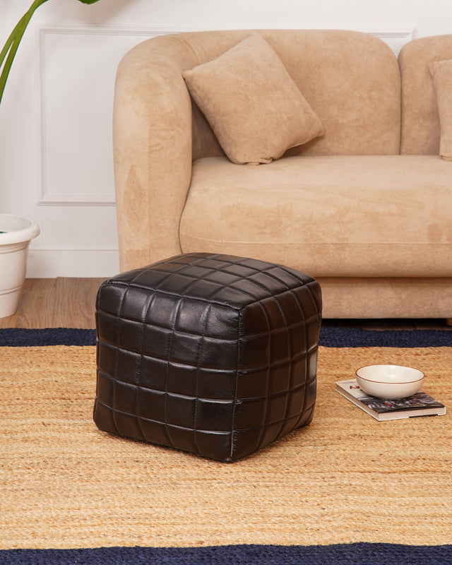 Metro Grid Leather Pouf – Square Ottoman | Handmade | Black & Brown | Filled