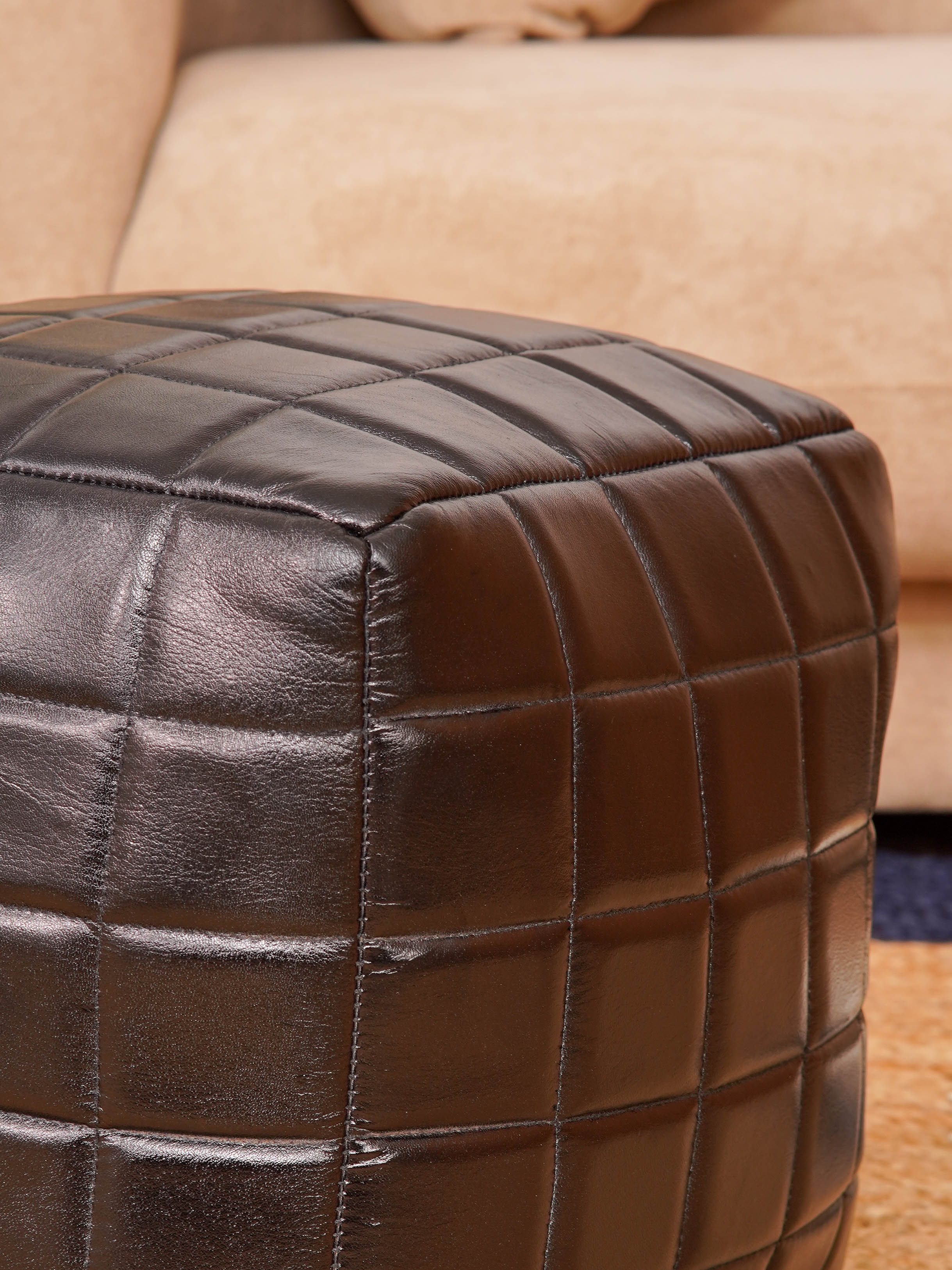 Metro Grid Leather Pouf – Square Ottoman | Handmade | Black & Brown | Filled