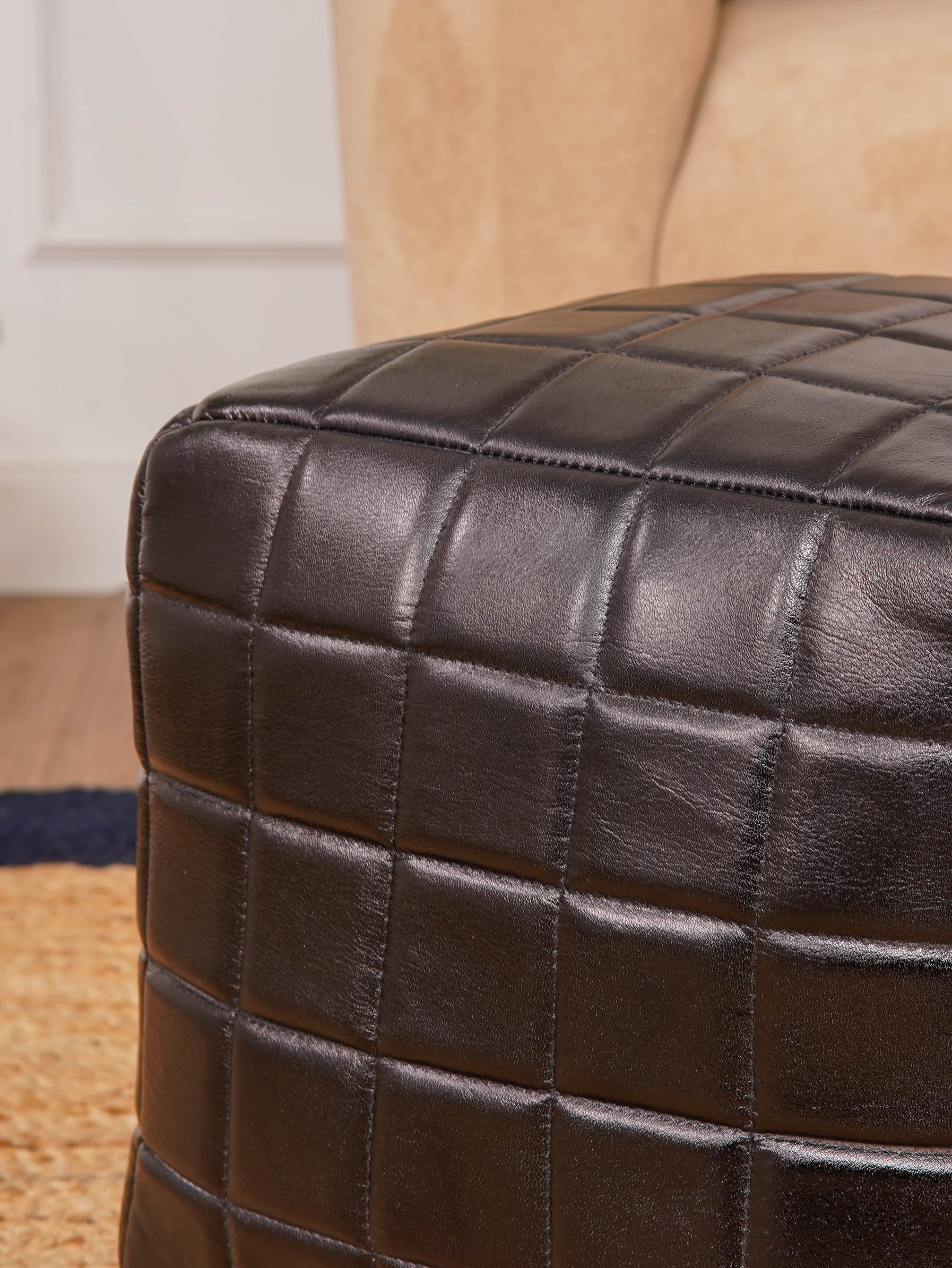 Metro Grid Leather Pouf – Square Ottoman | Handmade | Black & Brown | Filled