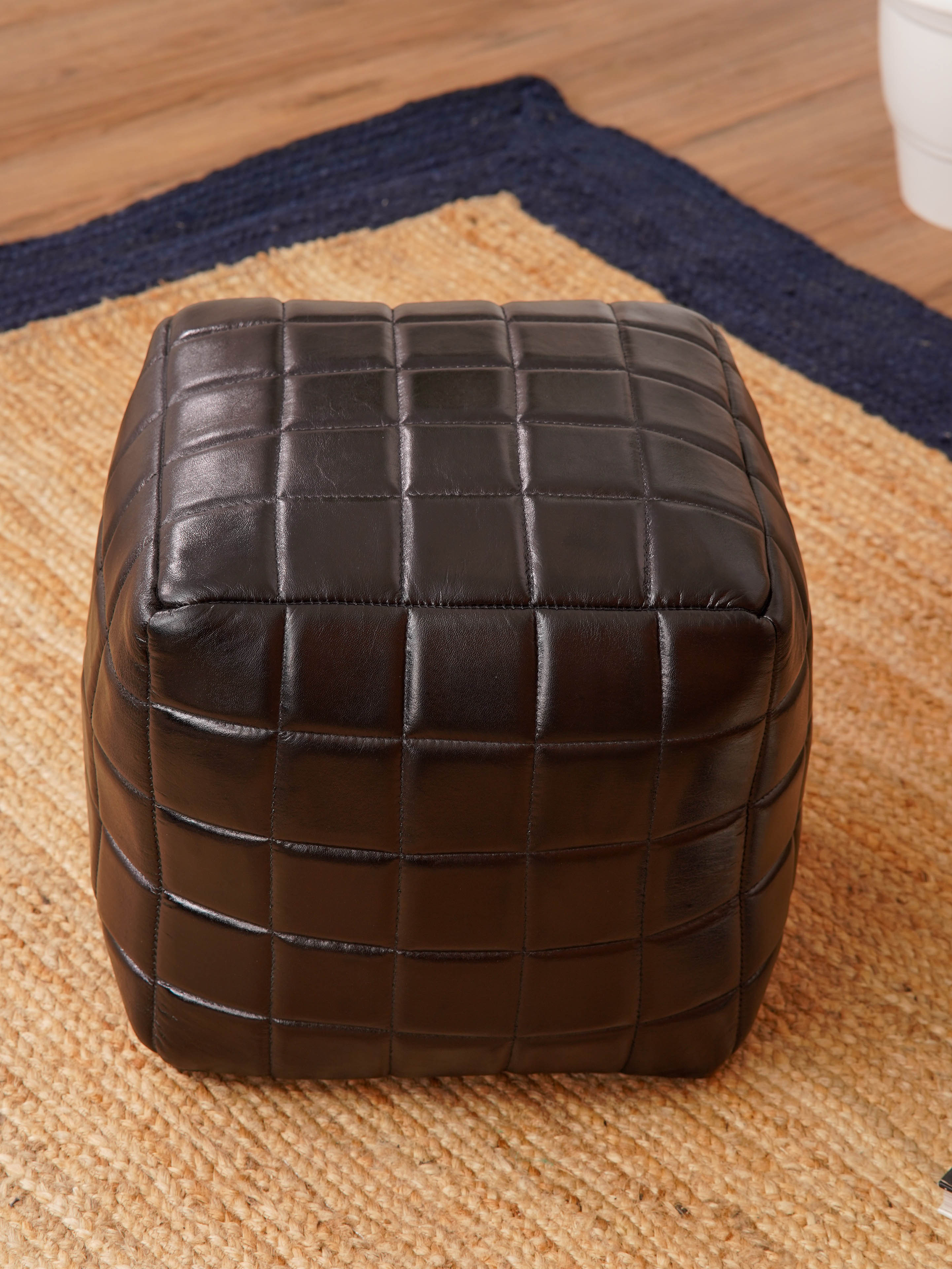 Metro Grid Leather Pouf – Square Ottoman | Handmade | Black & Brown | Filled