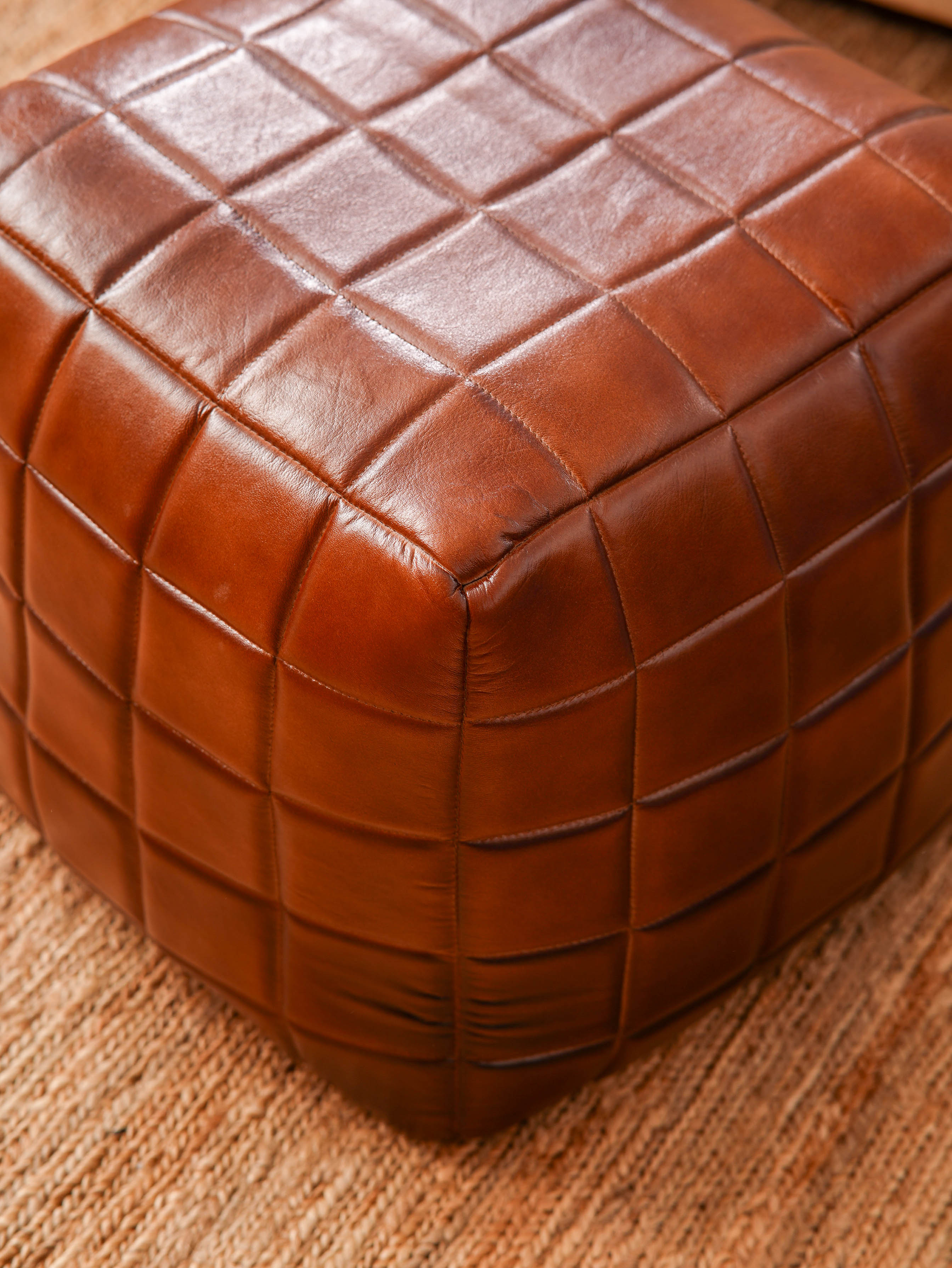 Metro Grid Leather Pouf – Square Ottoman | Handmade | Black & Brown | Filled