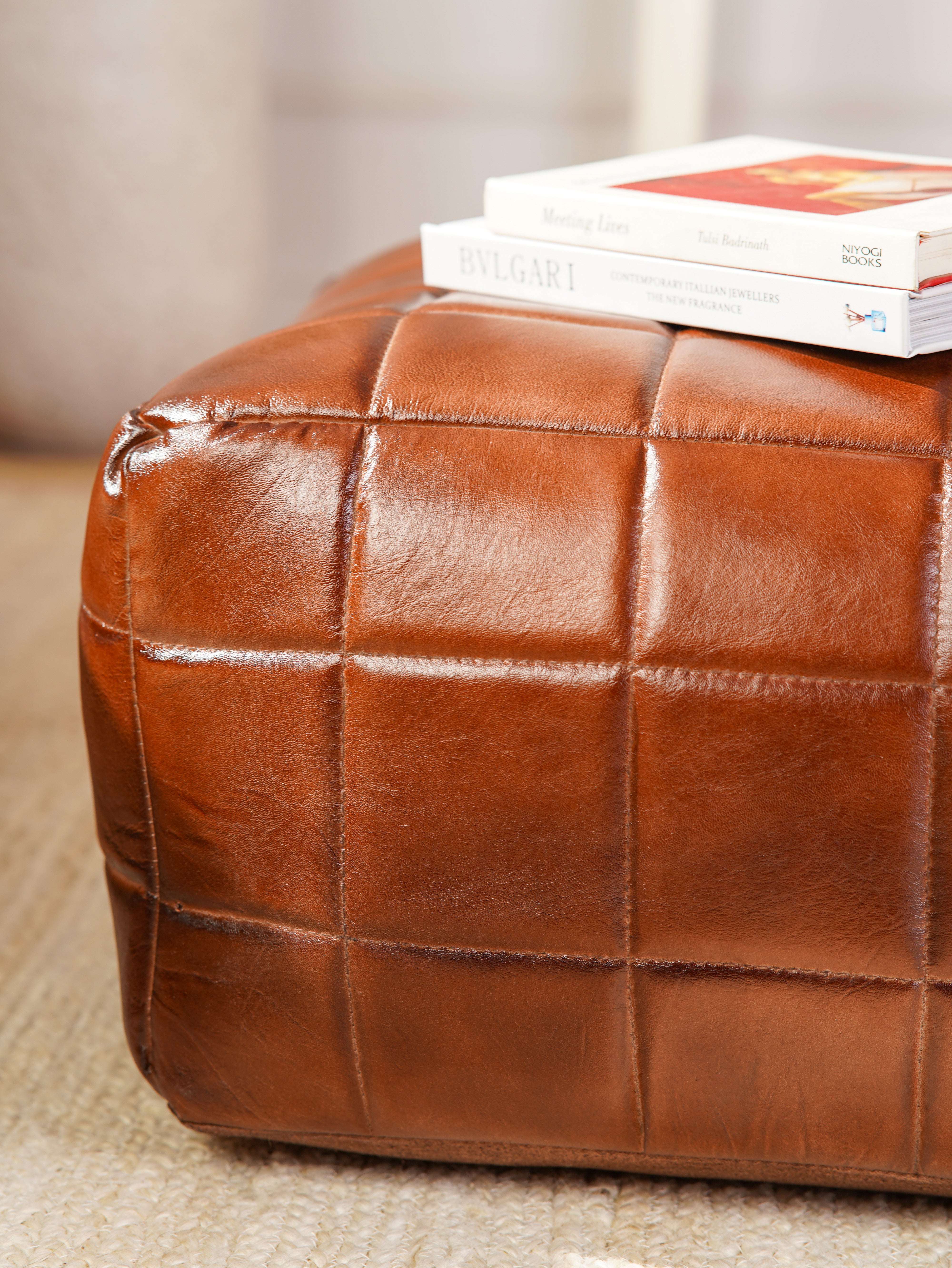 Metro Grid Leather Pouf – Square Ottoman | Handmade | Black & Brown | Filled