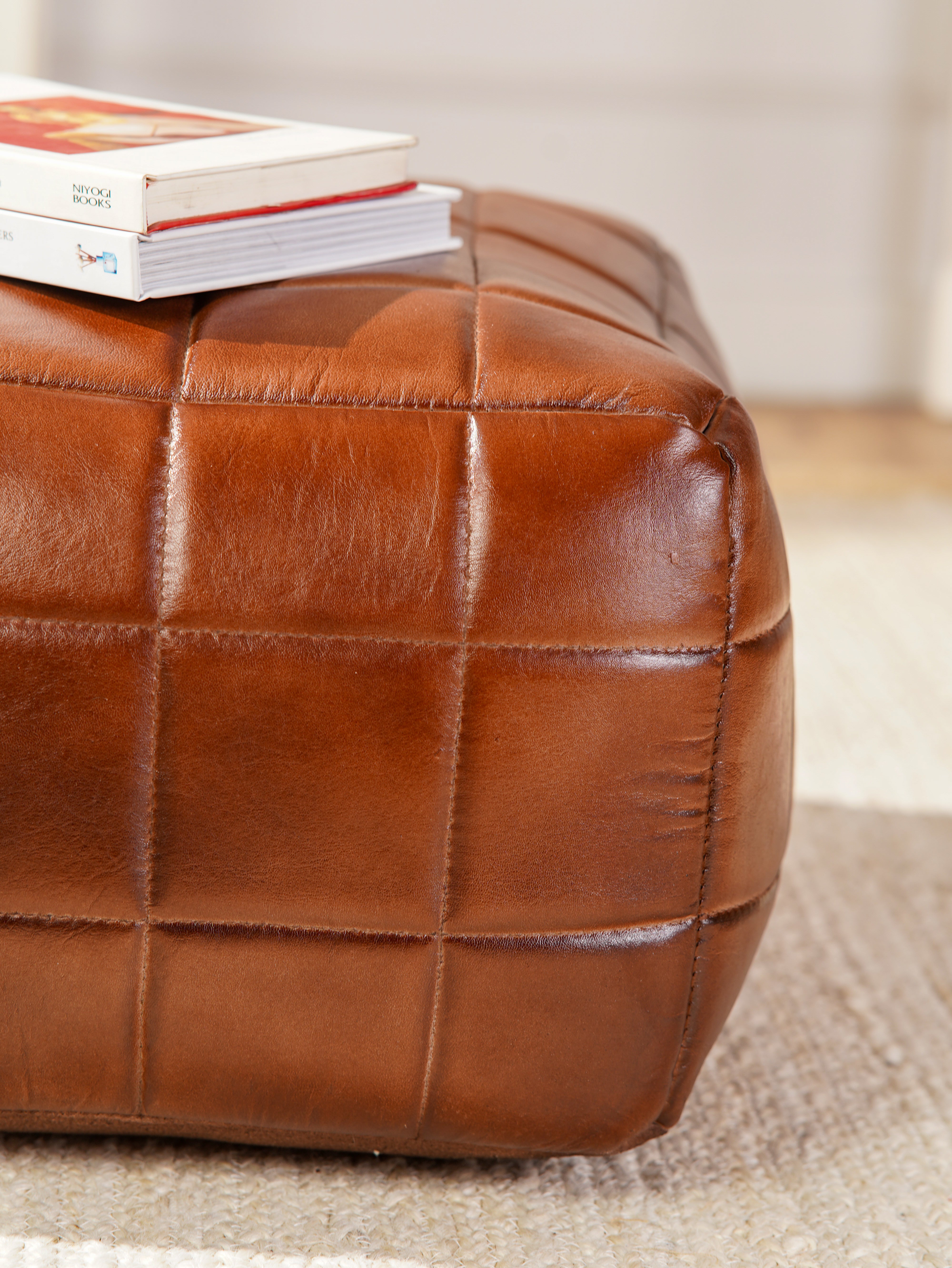 Metro Grid Leather Pouf – Square Ottoman | Handmade | Black & Brown | Filled