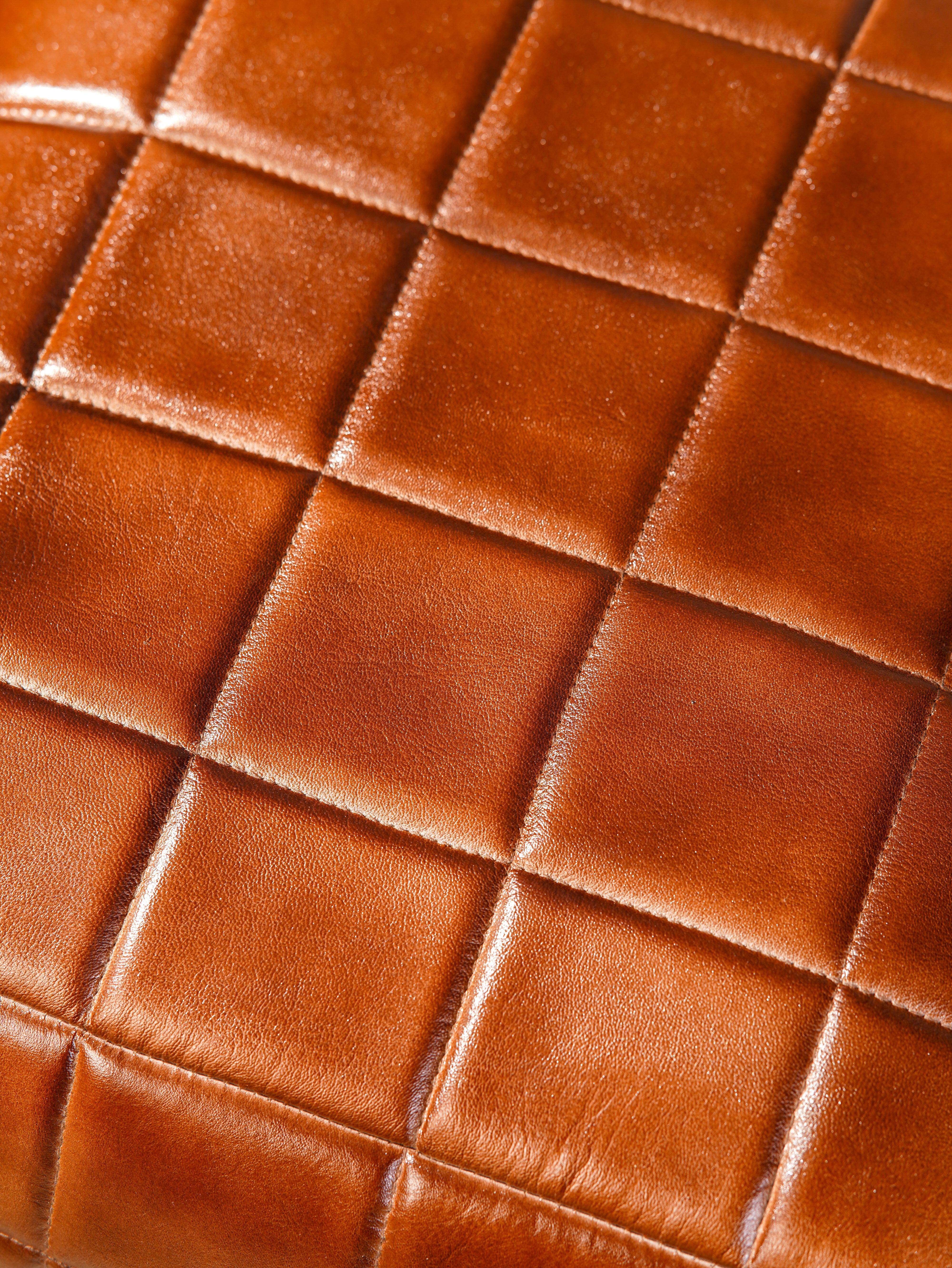 Metro Grid Leather Pouf – Square Ottoman | Handmade | Black & Brown | Filled
