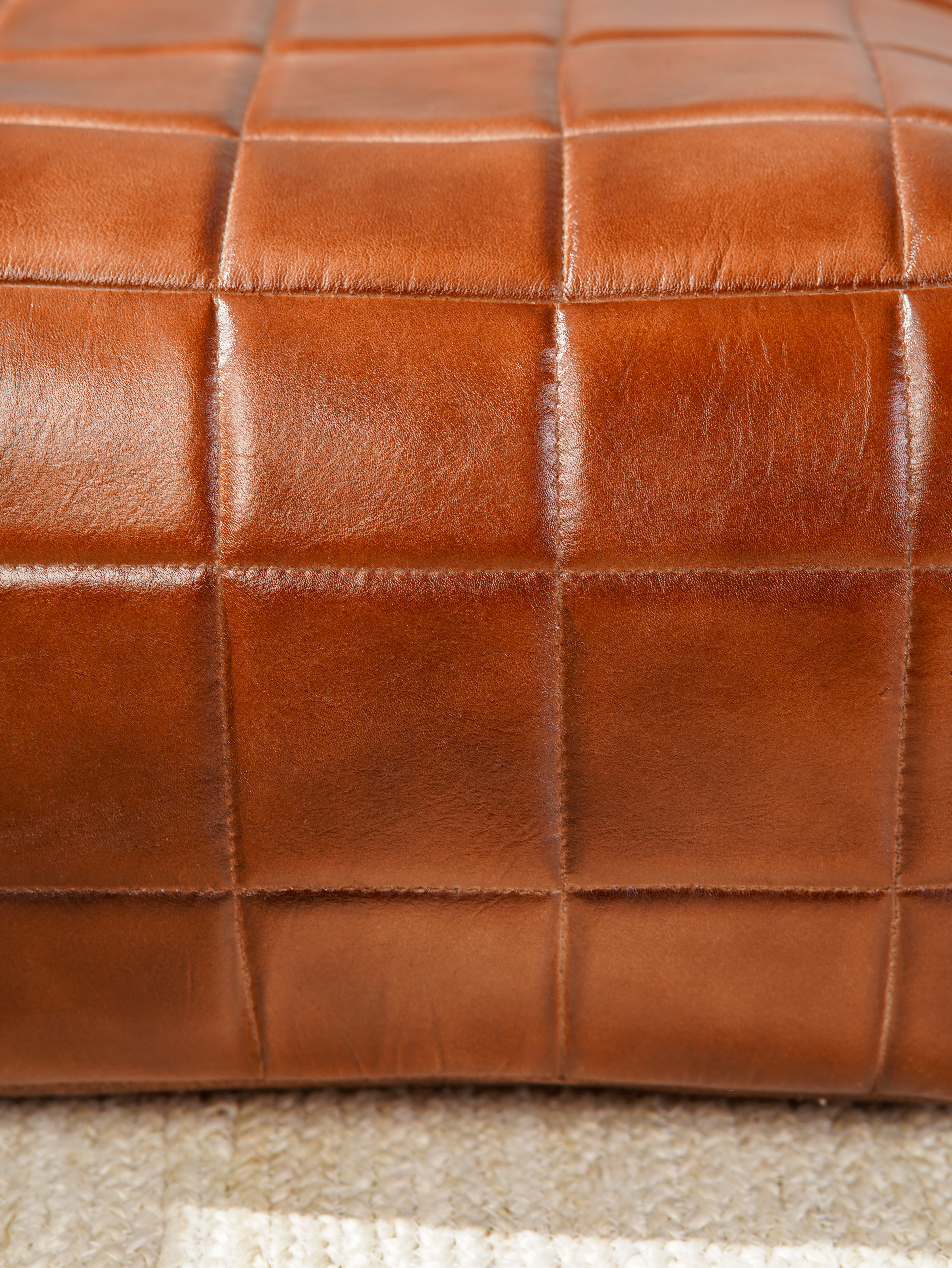 Metro Grid Leather Pouf – Square Ottoman | Handmade | Black & Brown | Filled